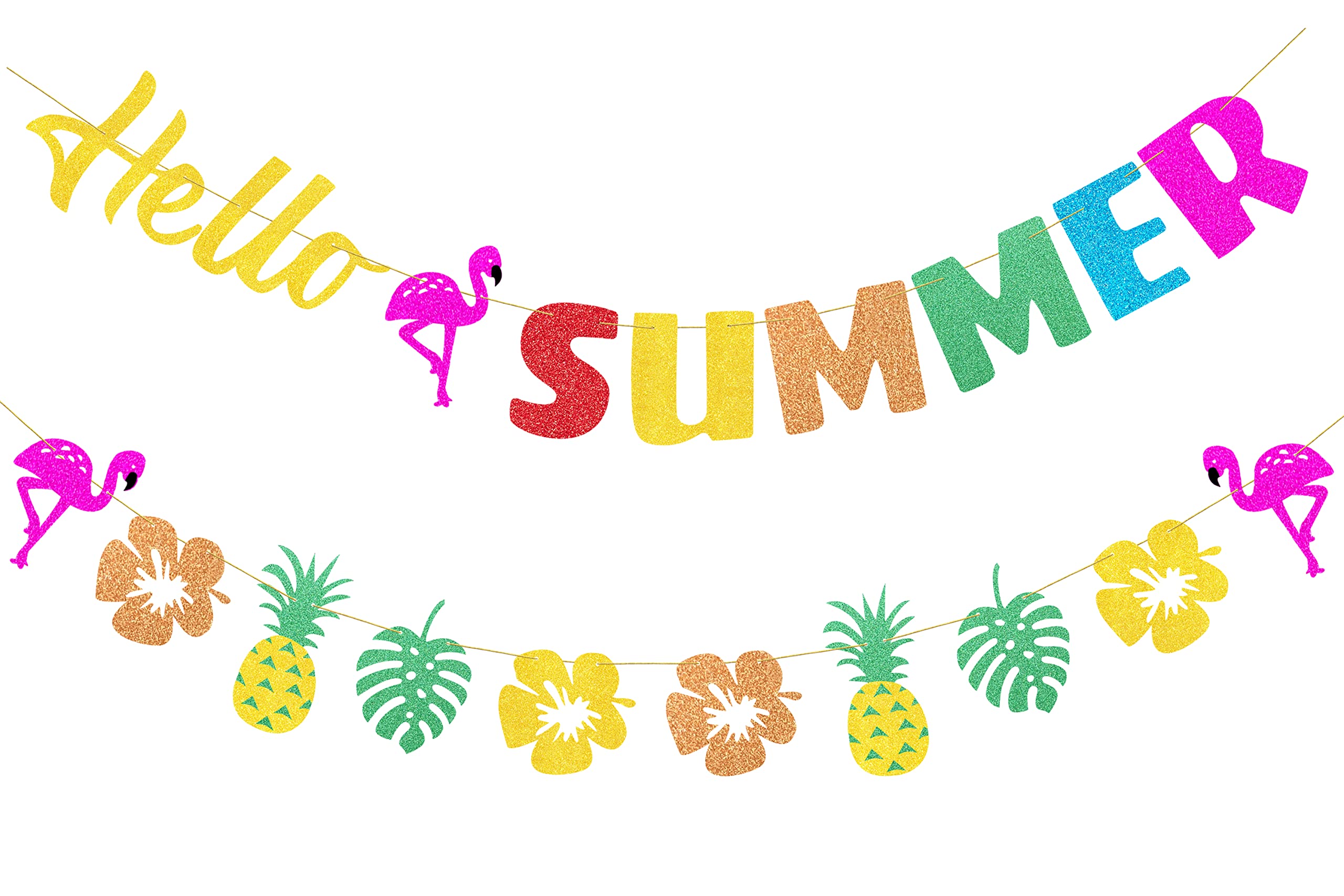 Glitter Hello Summer Banner with Flamingo, Hello Summer Decorations for Home Office School Decor, Hawaiian Tropical Theme Holiday Birthday Party Supplies, Pre-Strung