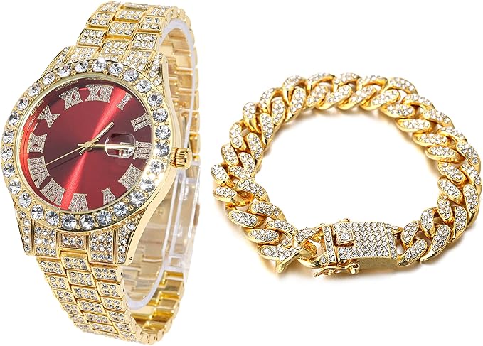 HALUKAKAH Diamant Montre en Or, Hommes Plaqué Or Réel 18K/Or Blanc Platine 42MM Large Vert/Bleu/Rouge Cadran Quartz Bracelet 24cm avec Lien Cubain Chaîne 20+45cm Collier Bracelet, avec Boite Cadeau