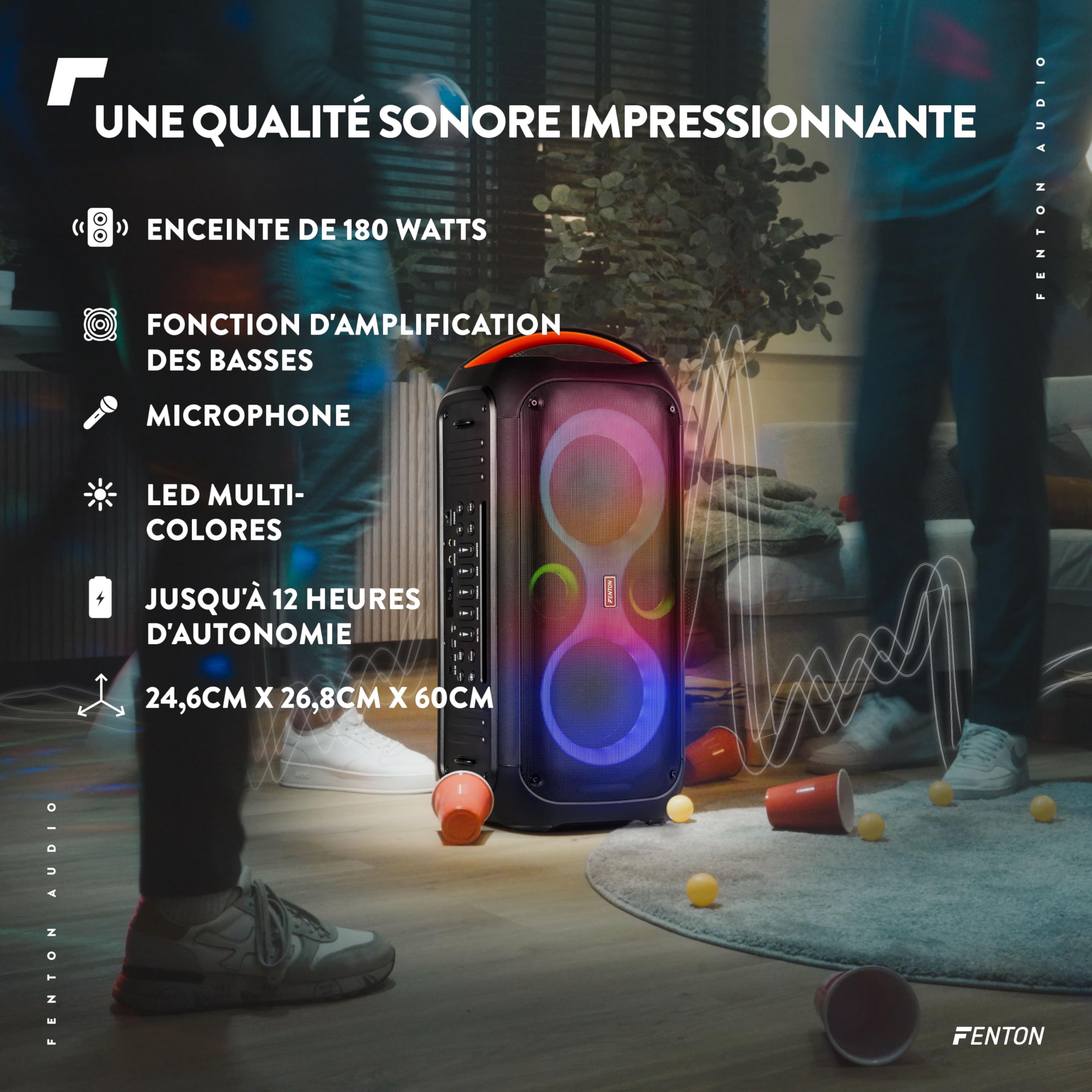 Fenton Core120 Enceinte Sono Portable Lumineuse avec Bandoulière - 180 Watts, Autonomie 12H, Facile à Transporter, Micro & Télécommande Inclus, Idéale pour Toutes Vos Soirées Extérieures