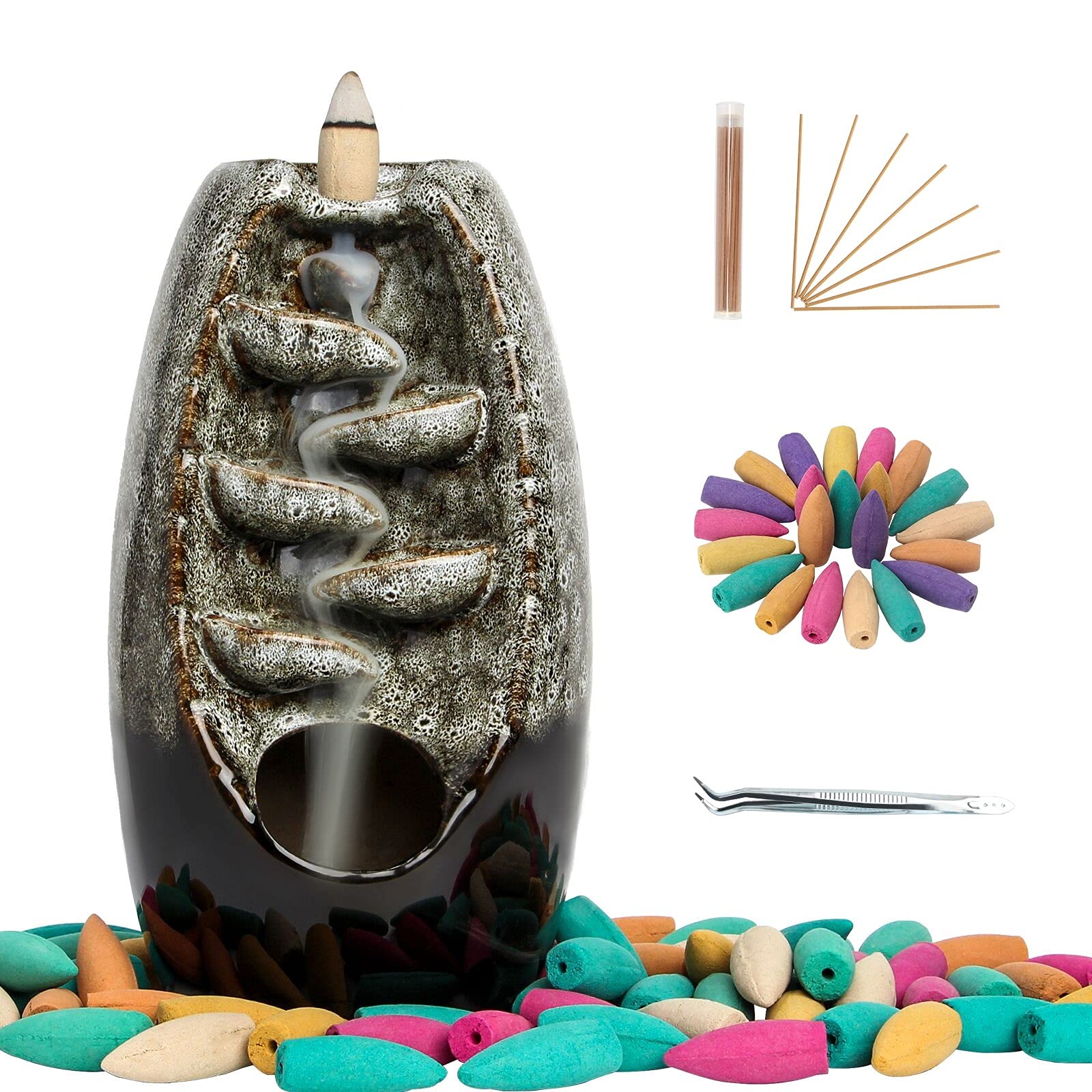 Famiry Ceramic Backflow Waterfall Incense Burner, Incense Waterfall Burner, with 120 Backflow Incense Cones, 30 Incense Sticks, 1 Mat, Aromatherapy Ornament Home Decor