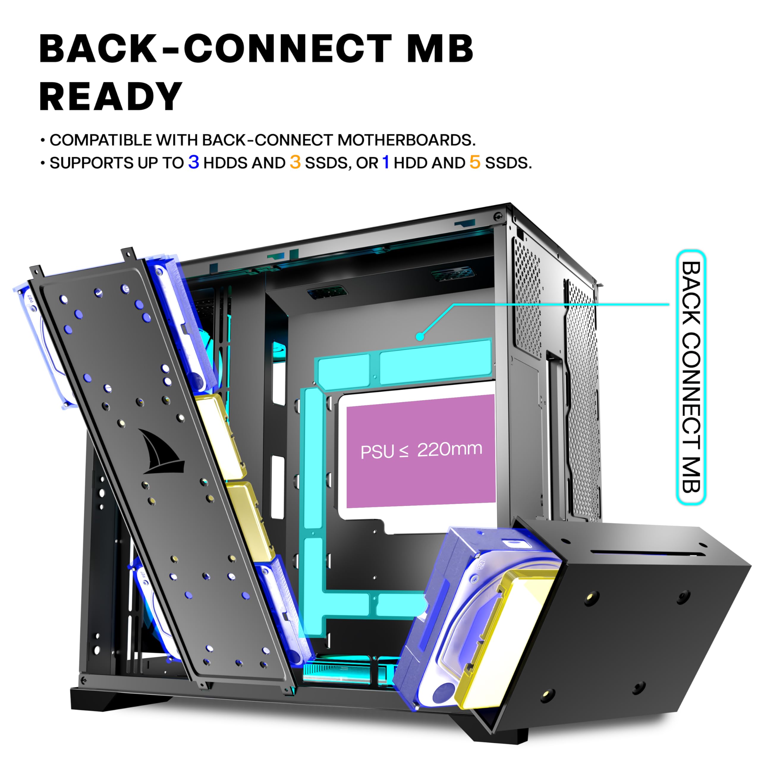 ANSAITE ATX PC-Gehäuse 9×120 mm ARGB PWM-Lüfter vorinstalliert ，Mid-Tower Gaming PC-Gehäuse, Panorama-Gehärtetes Glas Schwarz Computer-Gehäuse mit Typ-C, 360mm Radiator Unterstützung，H-D9 (Schwarz)