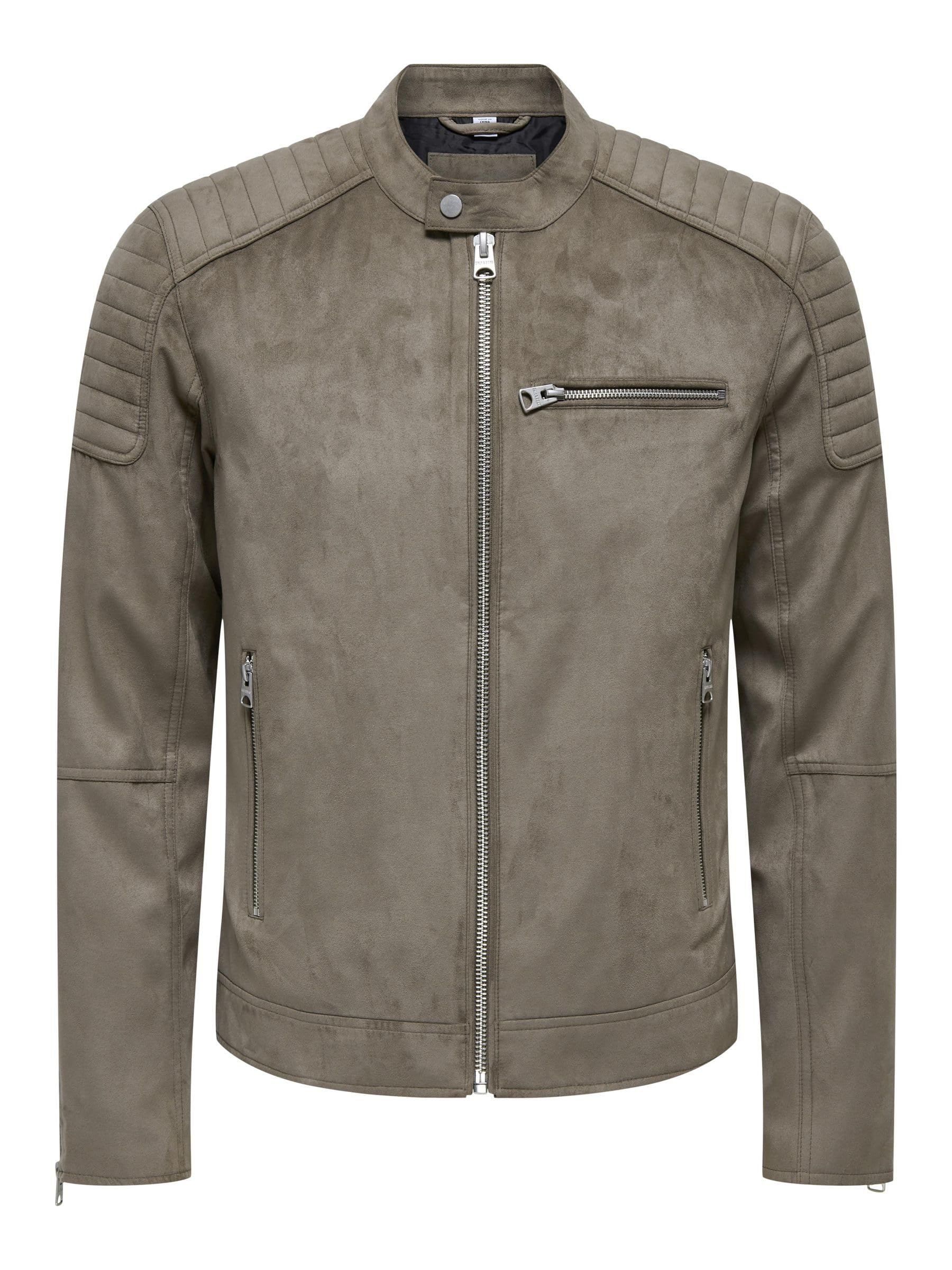 ONLY & SONS Onsgus Men's Faux Suede Racer Jacket OTW Biker Jacket, Falcon, M