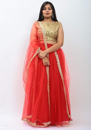 Golden blouse red lehenga Clearance