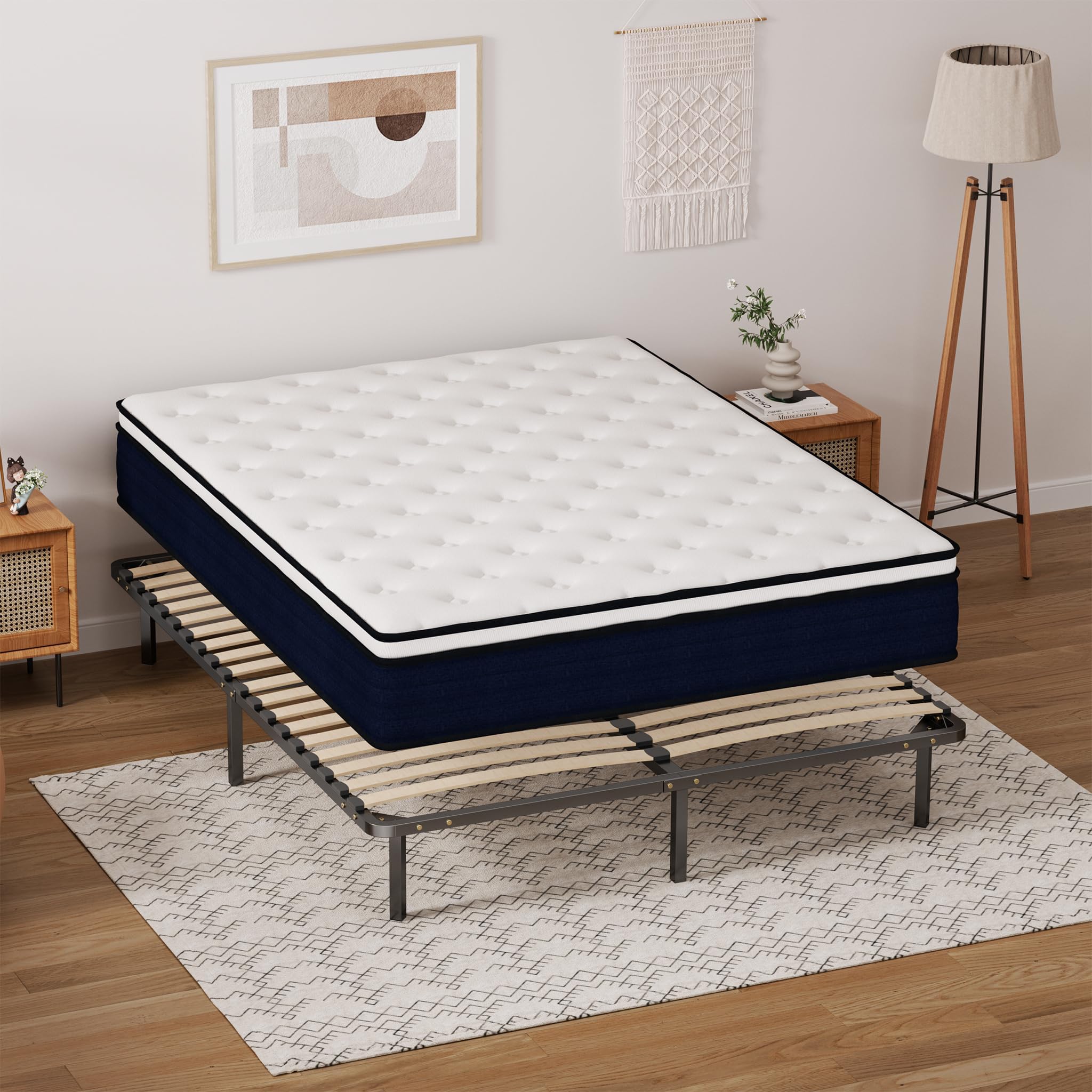 DEWINNER Matelas Ressorts Ensachés et Sommier 140x190 Ensemble | Matelas À Mémoire de Forme et Ressorts+Sommiers À Lattes avec 9 Pieds pour Adulte | 2x16 Lattes (140x190x25 cm)