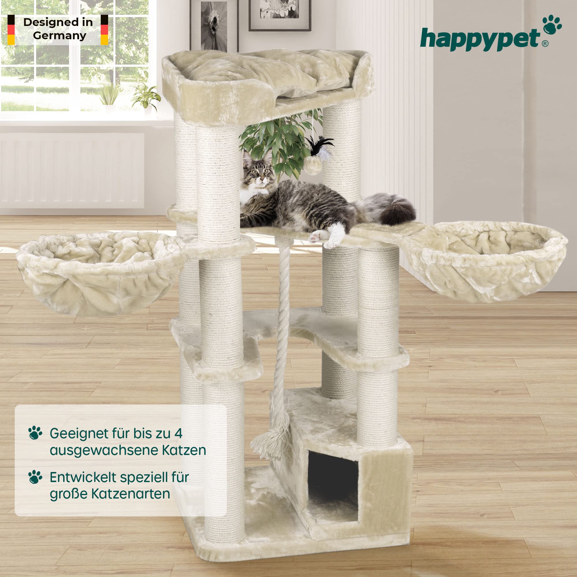 HAPPYPET Kratzbaum fr groe Katzen 'Oscar' - 161 cm Premium Katzenbaum  stabil 47 kg, 12 cm Dicke Stmme fr schwere Katzen Maine Coon, 600g  Plsch, geprftes Holz, Creme : Amazon.de: Haustier