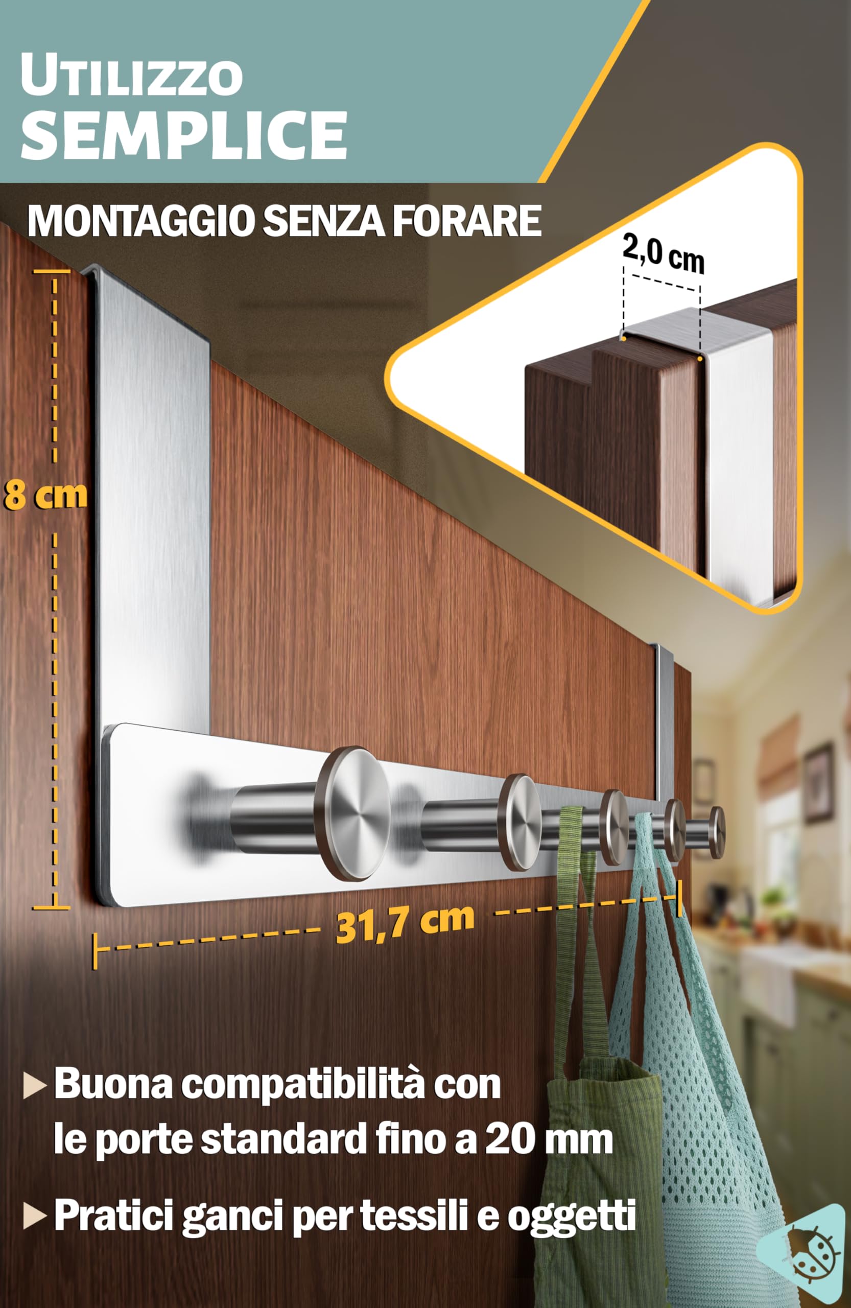 Menz Appendiabiti da porta in acciaio inox con gancio rotondo