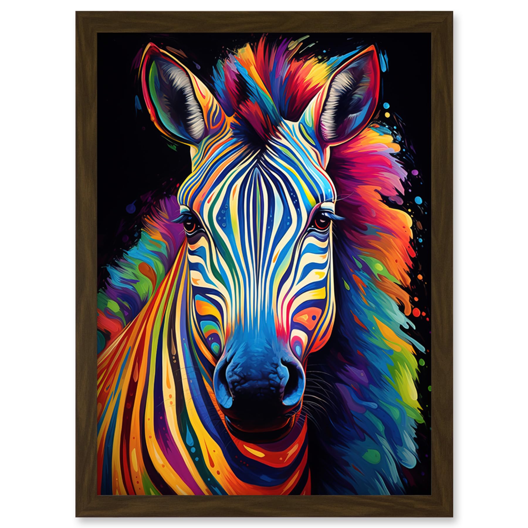 Rainbow Striped Zebra Wall Art Print - Colourful Vibrant Psychedelic Neon - Framed A4