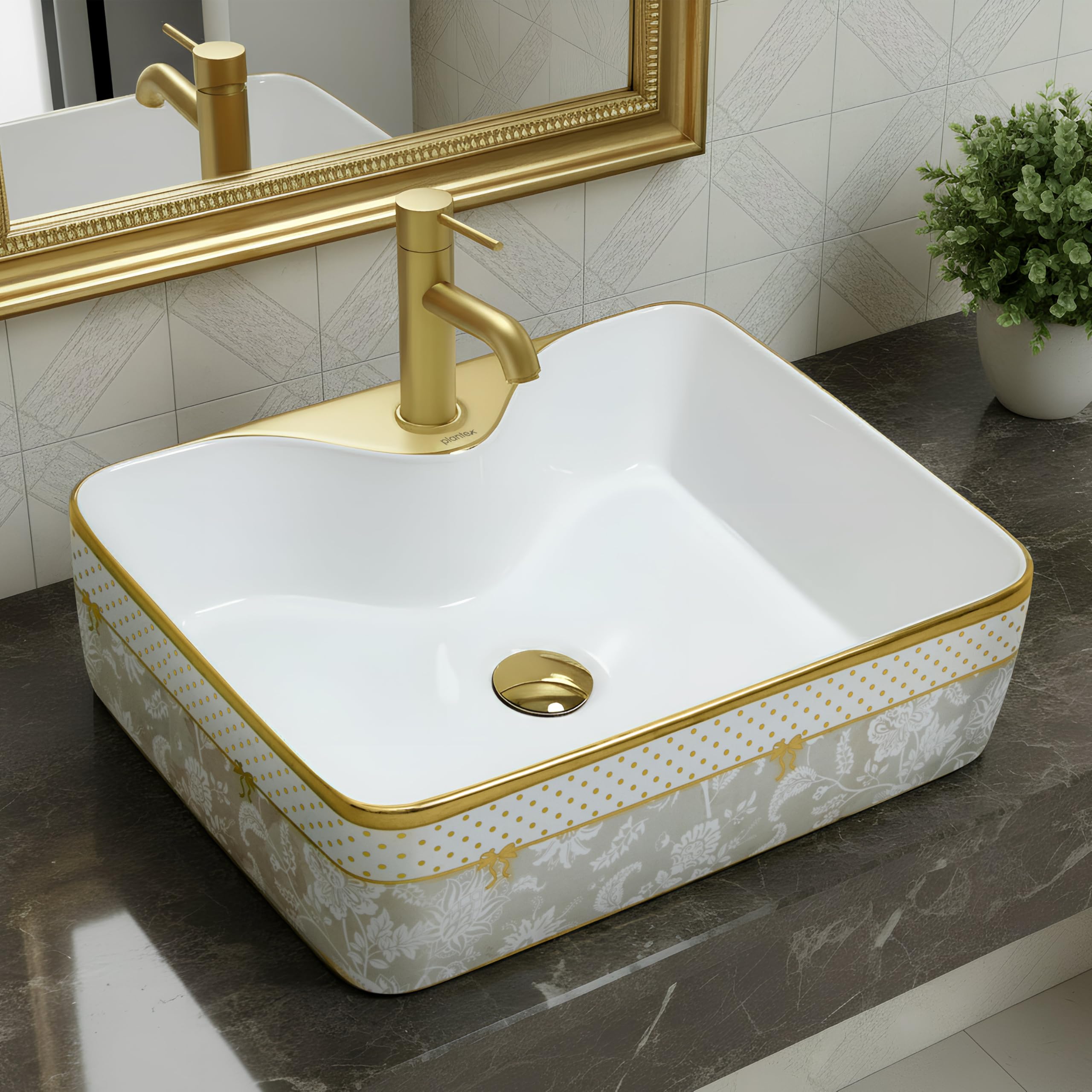 Plantex Ceramic Hand Wash Basin for Bathroom/Countertop Wash Basin/Rectangle Tabletop Basin for Home Restaurant/Hotel (19x15x5.5 Inch - White & Gold)-image-20