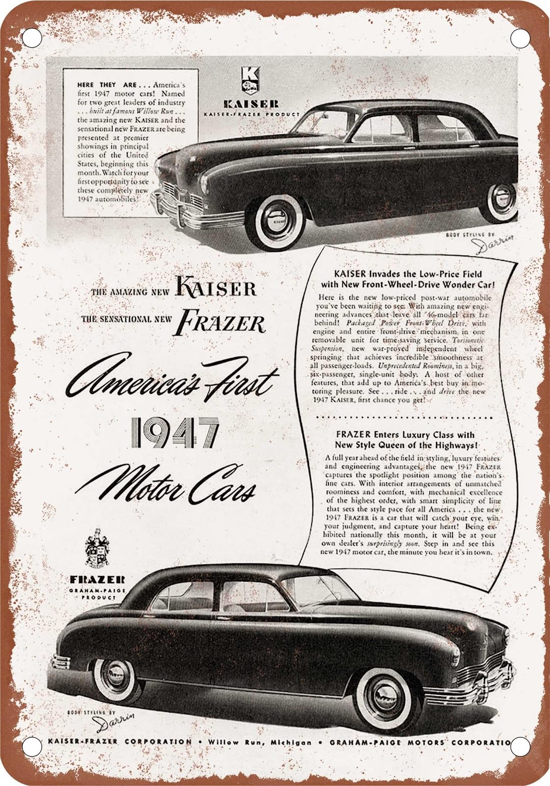 METAL SIGN - 1947 Kaiser-Frazer Vintage Ad 13 - Old Retro Rusty Look home decor
