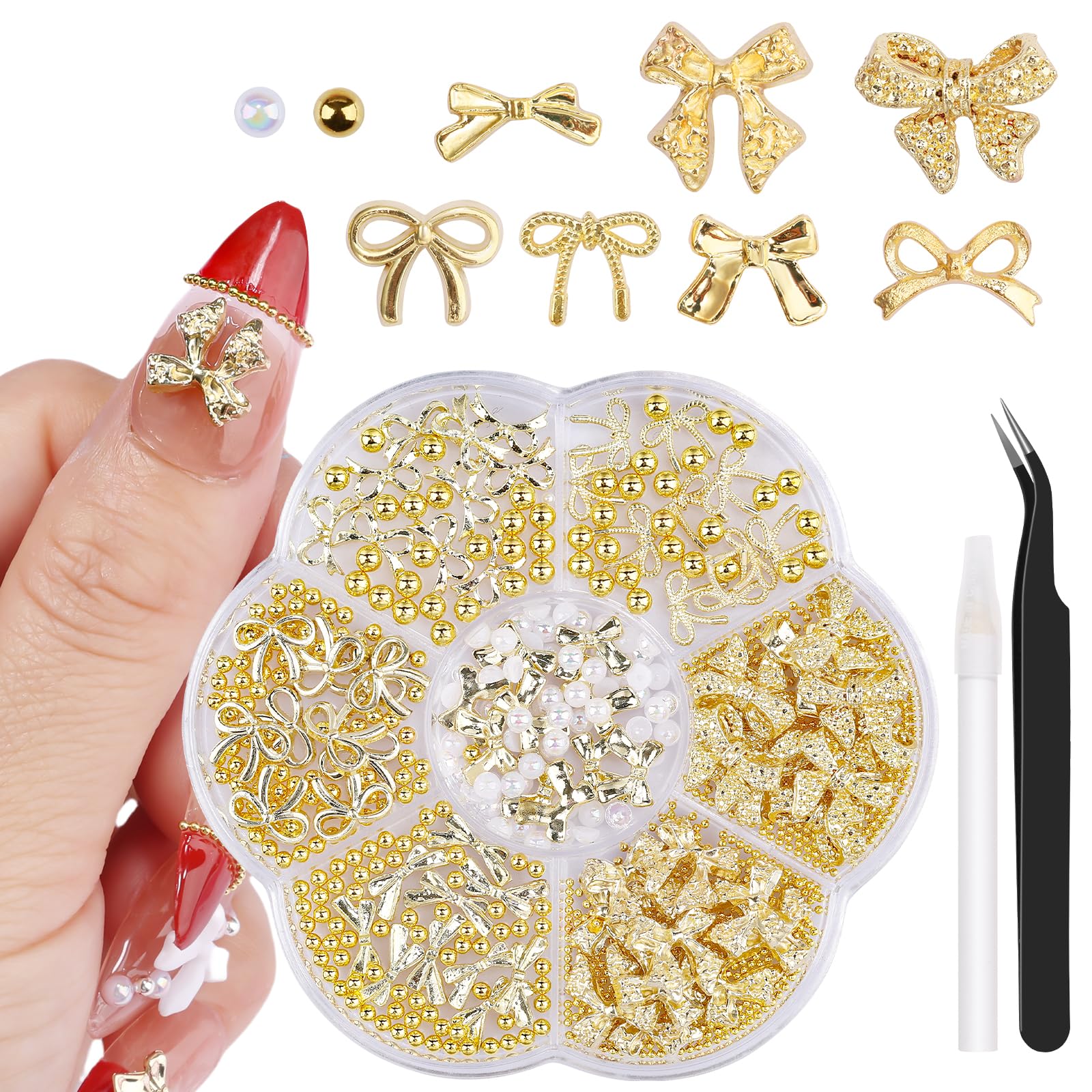 3D Metal Alloy Nail Bows Kit - Silver & Gold Bowknot Charms with 1-3mm Mini Caviar Beads, Tweezers, Pickup Pencil, Cute Nail Charms and Gems Jewelry