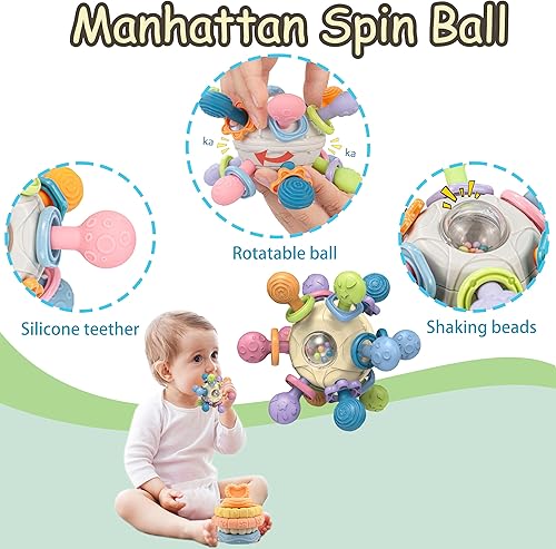 Miniatura 5 de Juguetes Montessori 5 en 1 para edades de 6 a 12 a 18 meses, juguetes sensoriales para bebés, juguete de Manhattan, juguete apilable, mordedor,