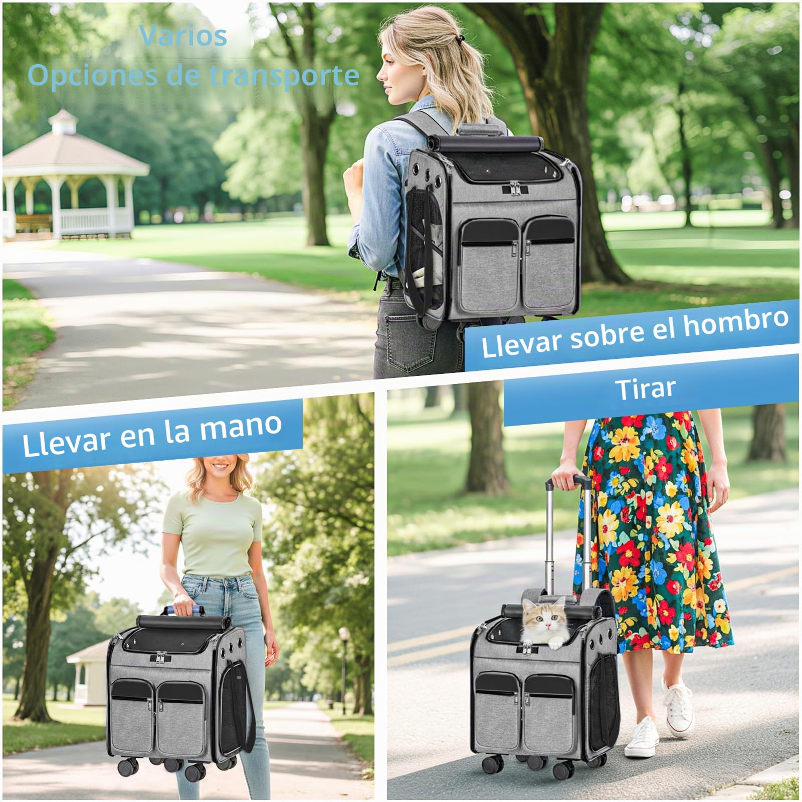 OUUTMEE Con carro 2 en 1 hasta 20 kg, mochila para gatos grande con ruedas, mochila multifuncional, transpirable, gris