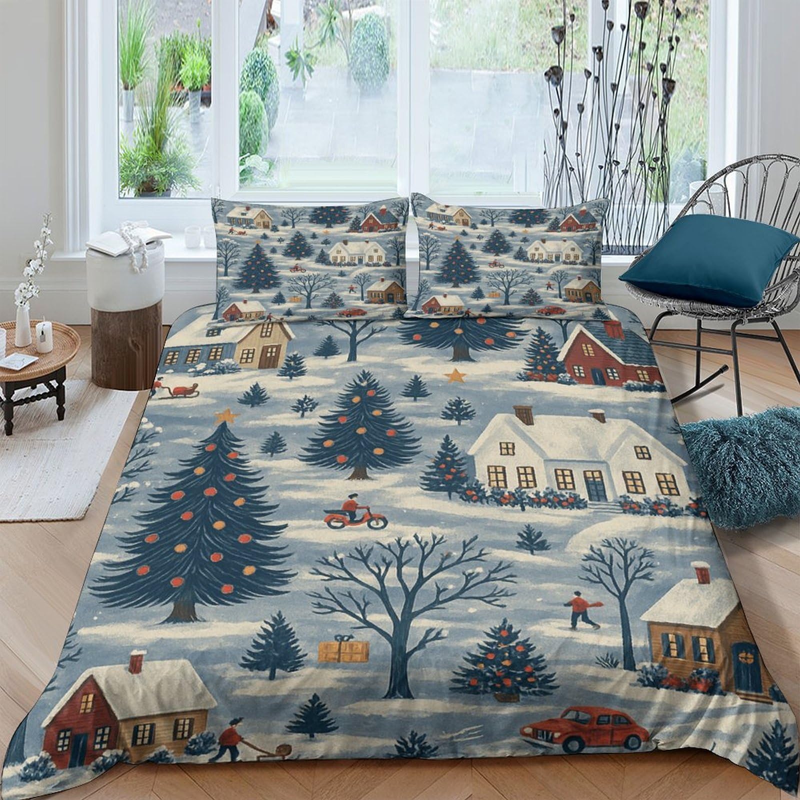 GPLZQXKJNH 3D Printed Winter Village Duvet Cover Microfiber Soft Breathable Christmas Snow Scene Bedding Set with 2 Pillowcases for Bedroom Decor, 135x200cm Single（135x200cm）