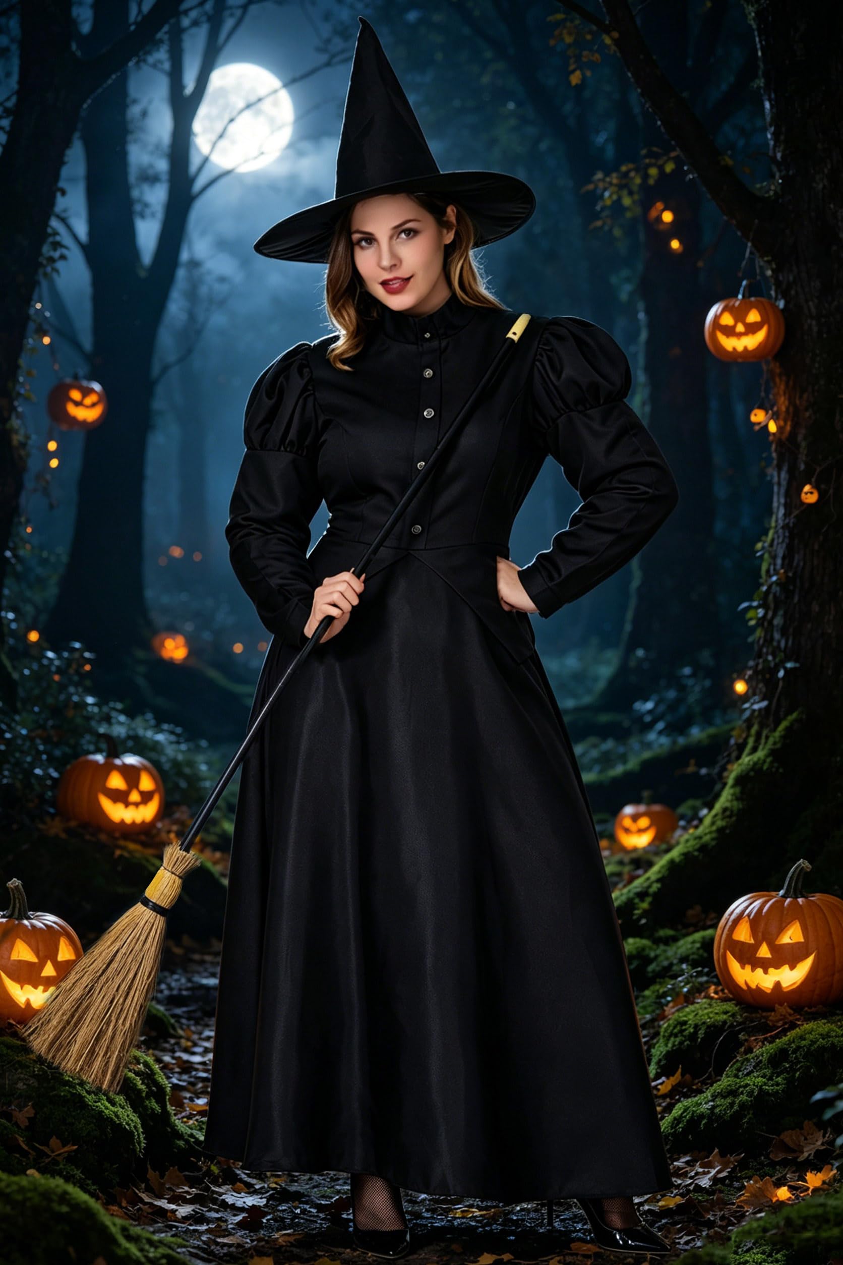 GRACIN - Costume da Strega malvagia, 4 Pezzi, per Halloween, Colore: Nero - Nero - Small
