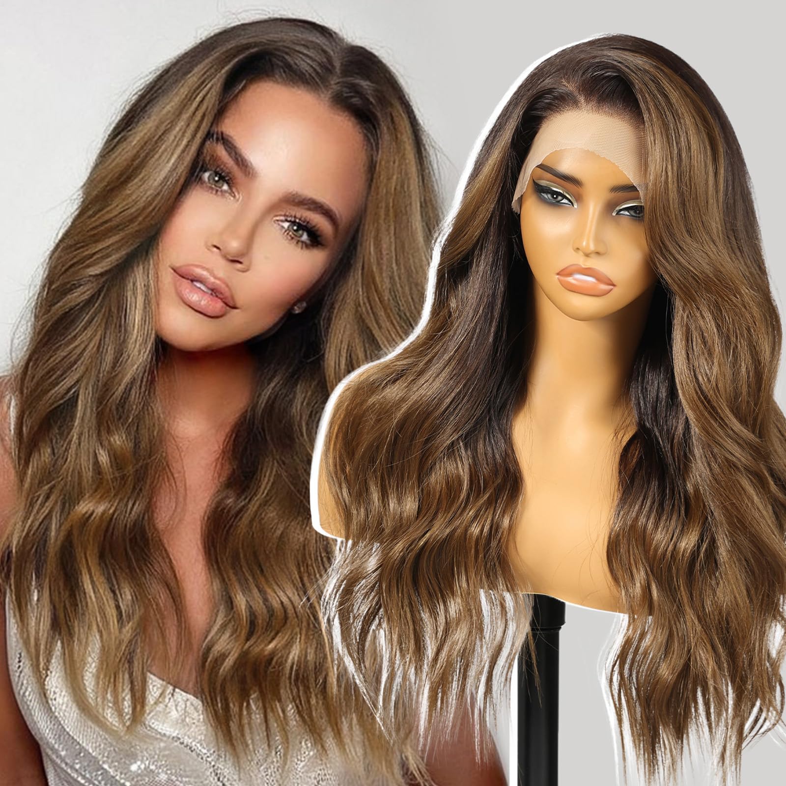KOME Ombre Brown Synthetic Lace Front Wig,13×6 Long Loose Wavy HD Lace Glueless Wigs for Women Natural Daily Use 26IN（TT4/108）