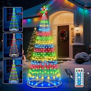 6ft Solar Christmas Tree Lights Outdoor, 252 LEDs Remote Control 8 Modes IP65 Waterproof Cone Tree with Timer, USB Backup for Yard Garden Holiday Decoration, Multicolor