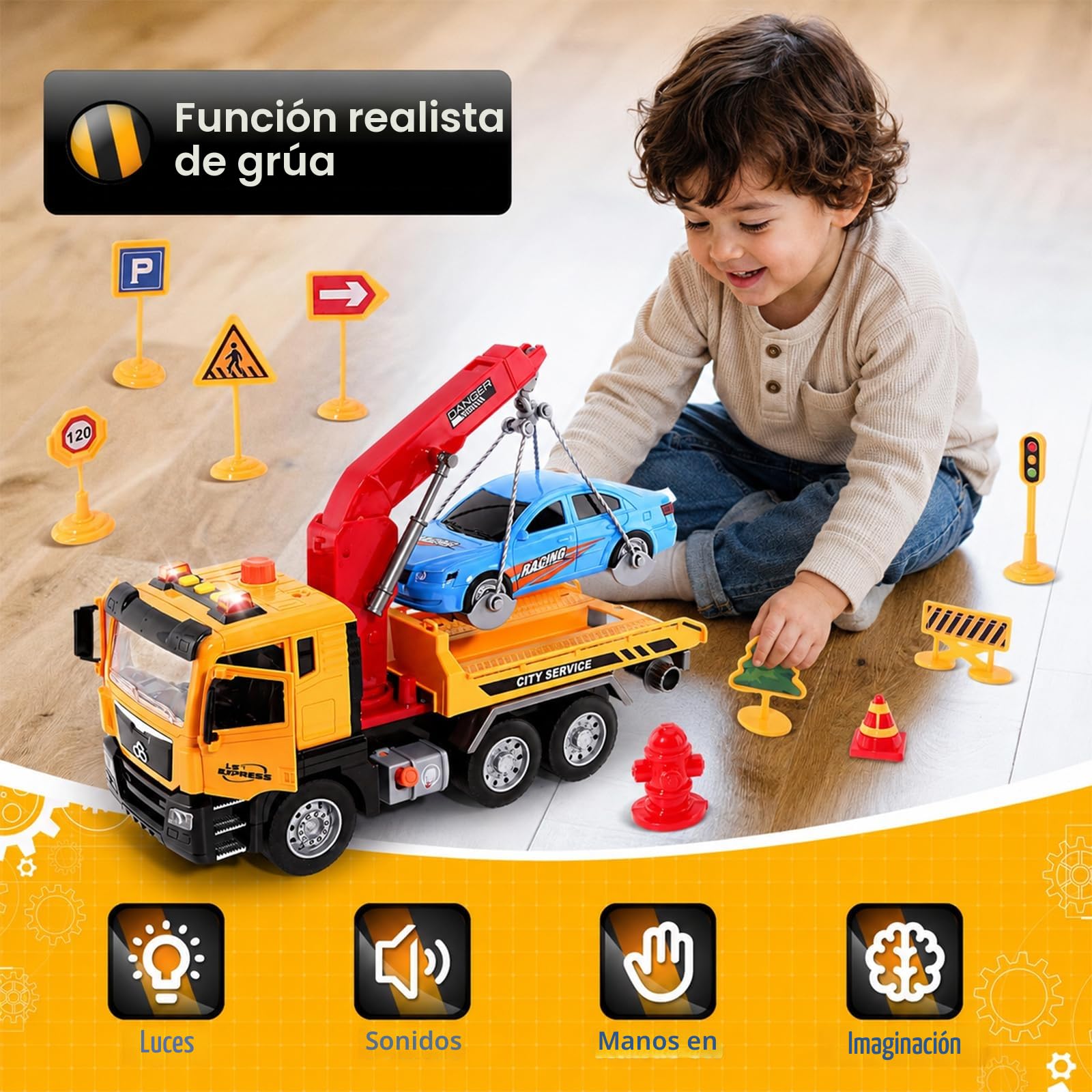 BunnyJOY Camión de Juguete para Niños de 3 Años, Camiones de Juguete con Remolque Grande, Inercia, Luces y Sonidos, Regalo de Cumpleaños para Niños 4 5 6 años