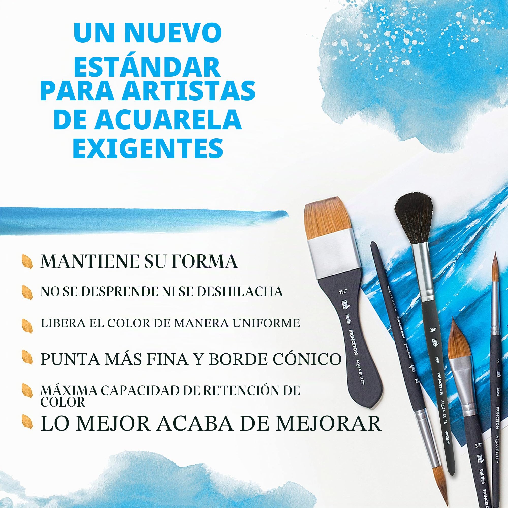 PRINCETON Aqua Elite, Pinceles para acuarela de bellas artes, Sintético Kolinsky Sable, Set de 4 pinceles, mango corto, Caja de plástico