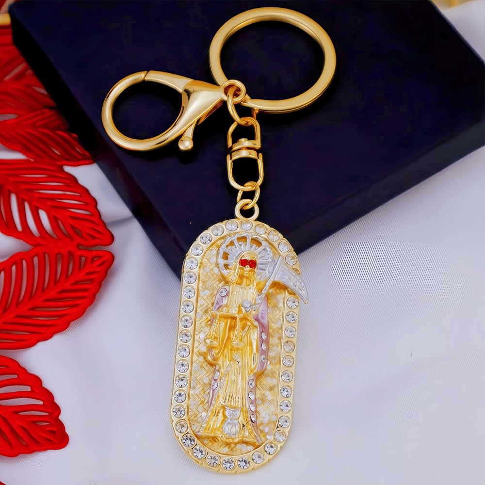 Santa Muerte/Saint Jude/Virgin Mary Key Chain - Gold-plated