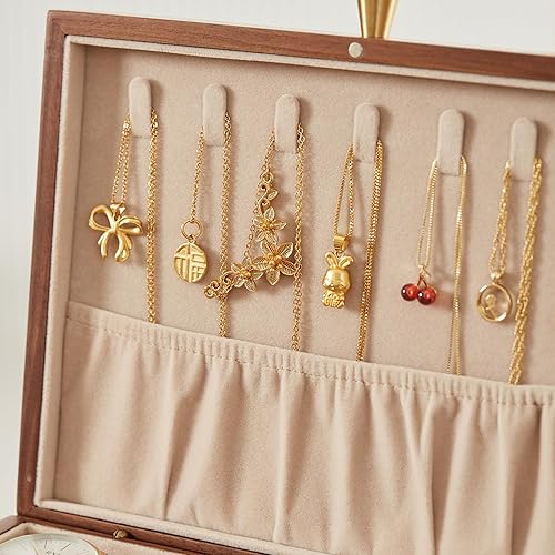 Miniatura 8 de CHOSIN Joyero de madera de nogal negro para mujer, organizador de joyas de 2 capas con bandeja extraíble para relojes, anillos, aretes, collares