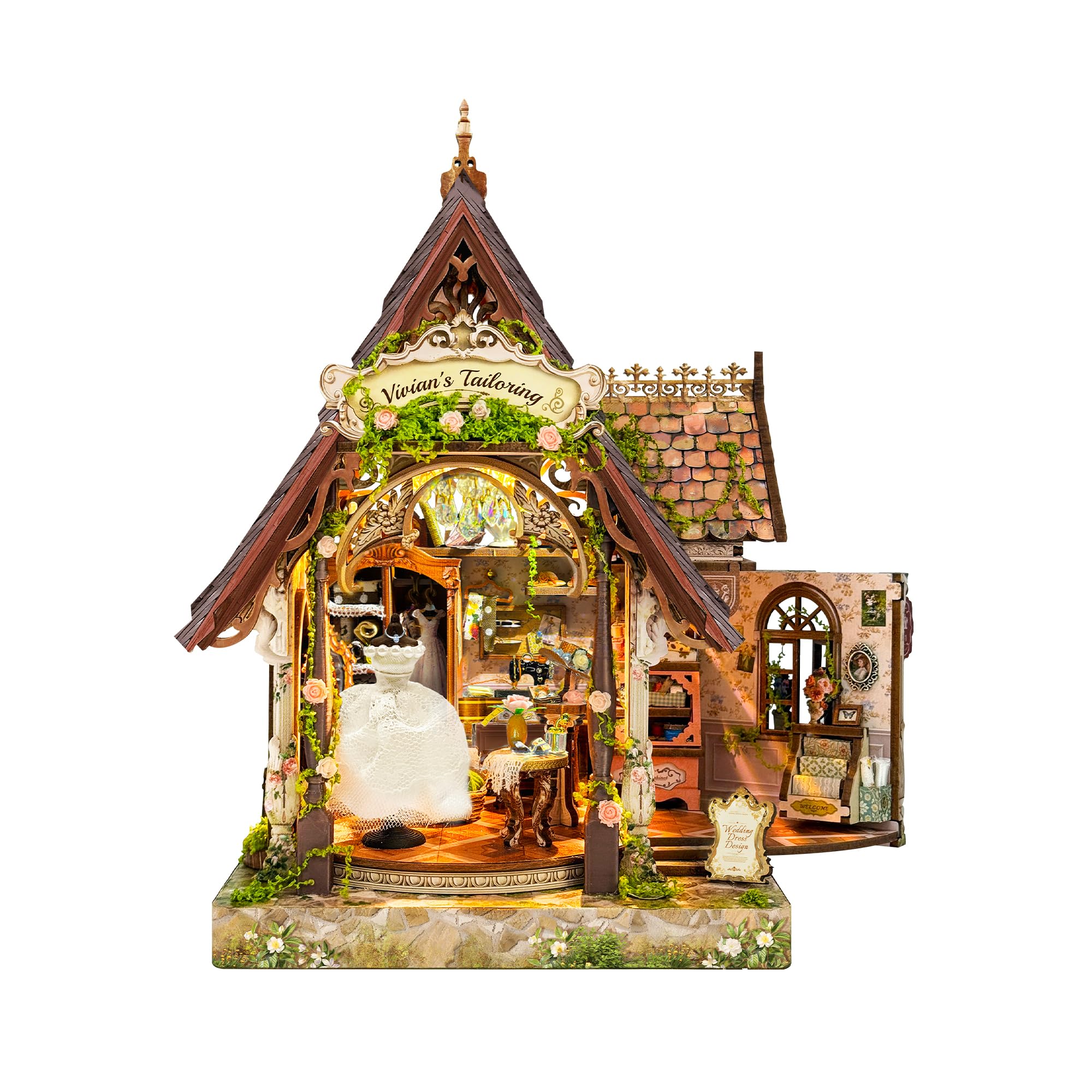 STRUCWOOD DIY Miniature House Half Open 3D Wooden Puzzle with LED Lights Bookshelf Bookend Decor Model Building Craft Gift for Women& Miniature Collectors Tailor Shop Tiny House (Dream Dress Studio)