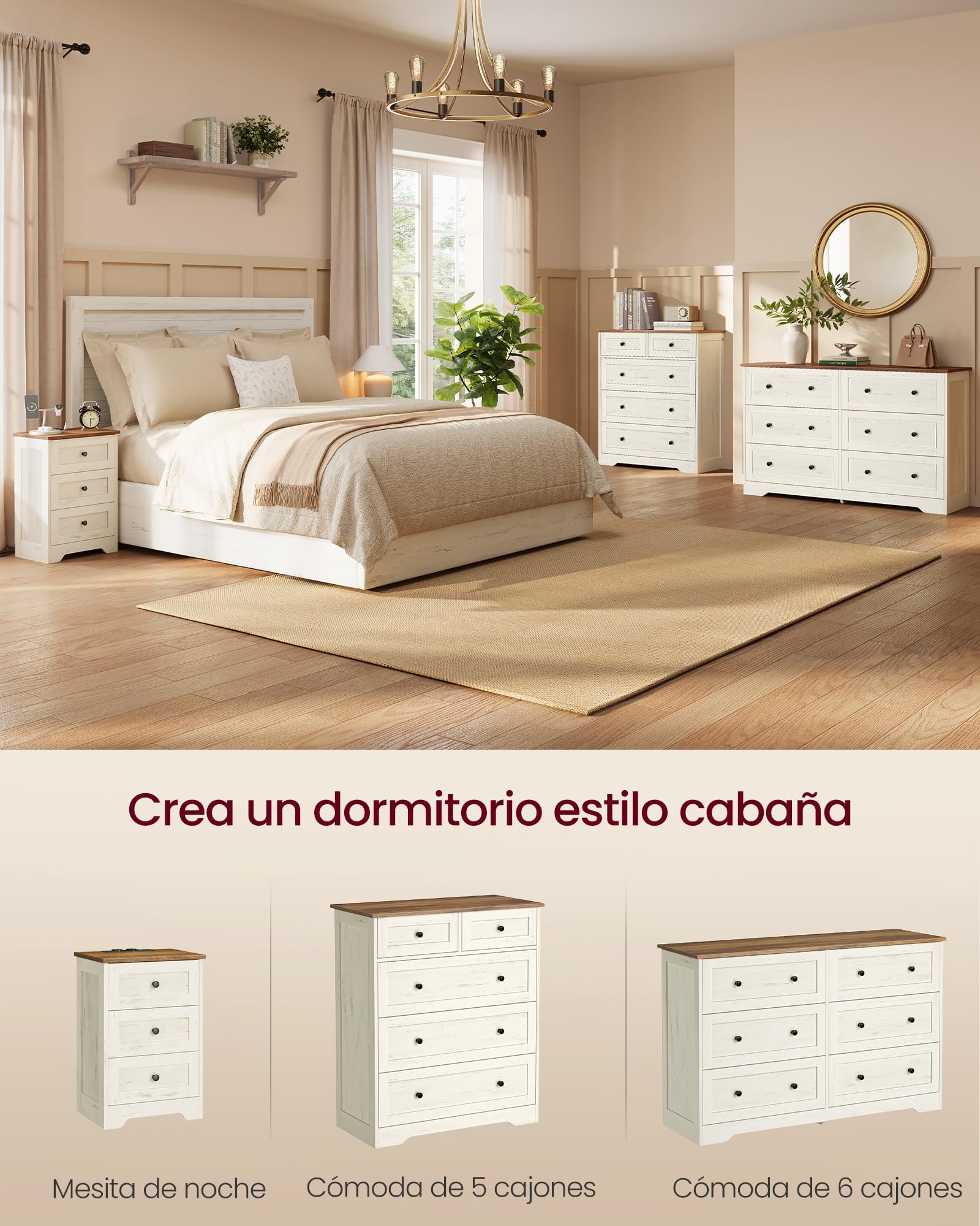 VASAGLE Mesita de Noche con Enchufes, Mesa Auxiliar con 3 Cajones y Compartimento Abierto, 40 x 30 x 59 cm, para Dormitorio, Salón, Blanco Rústico y Marrón Miel, Colección Siren LET668WJ01