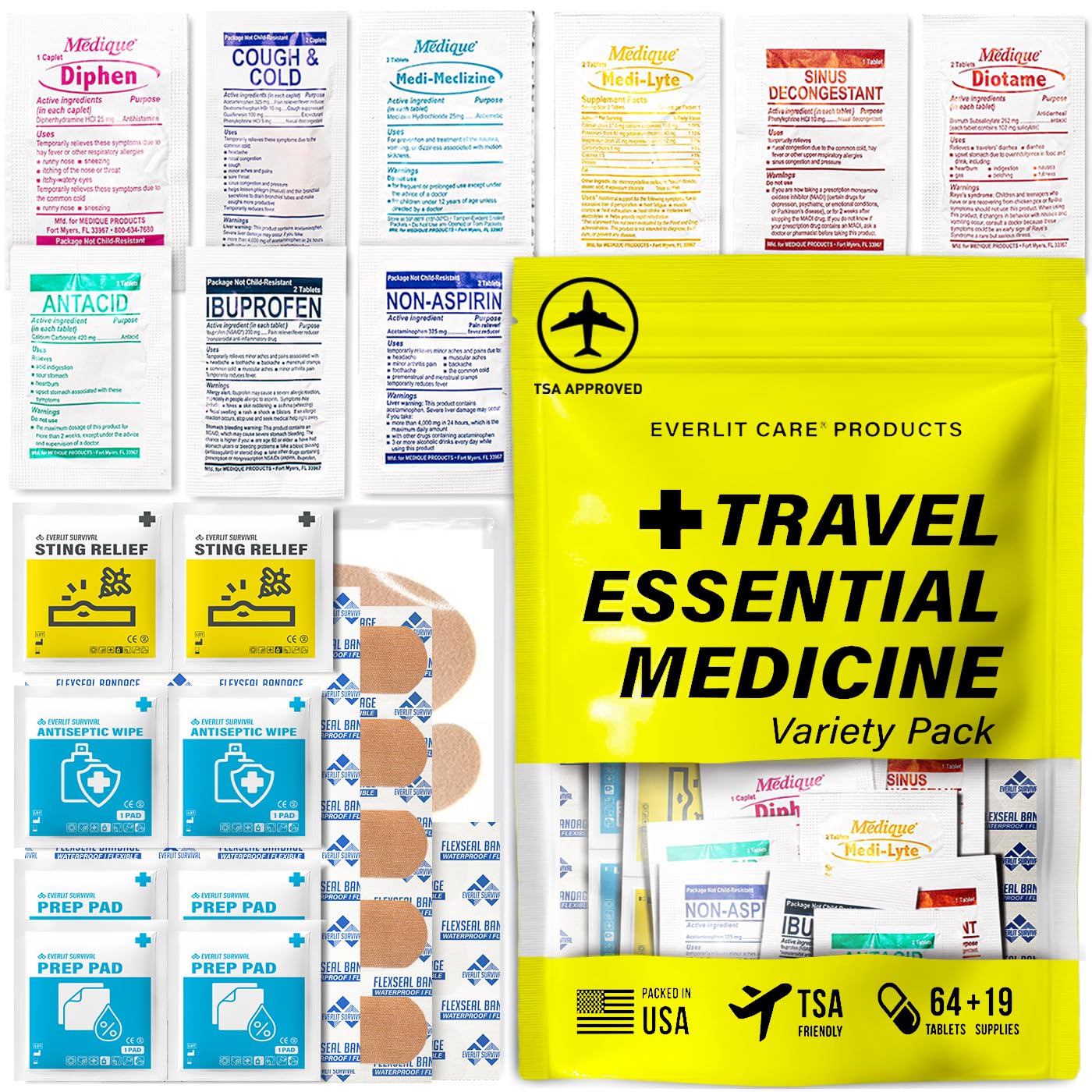 EVERLIT CARE Travel Essential Medicine First Aid Kit Refill Pack I Bonus Medical Supplies I TSA Compliant Mini Size Medkit for Traveling Camping Trips