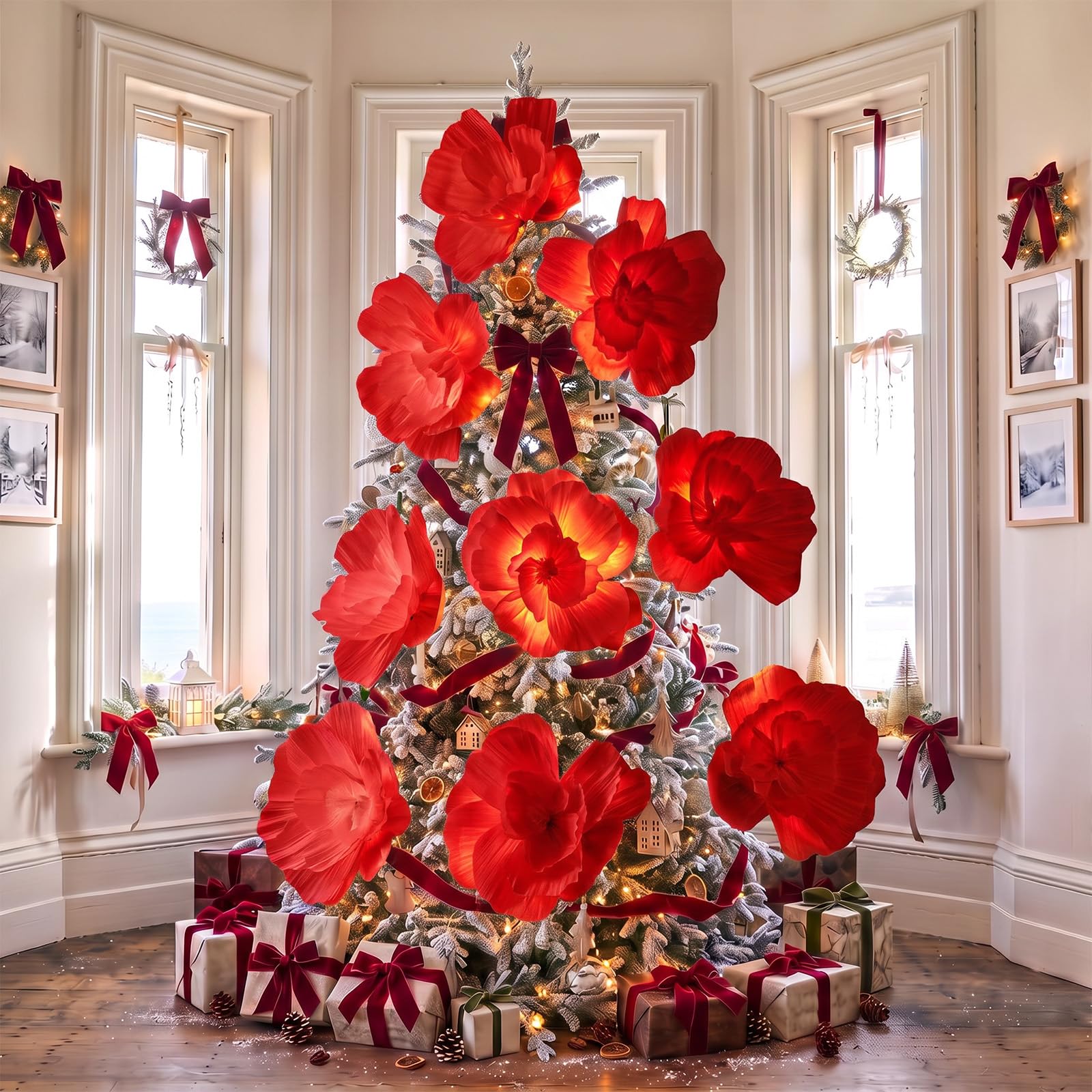 Crtiin Lot de 9 grandes fleurs de poinsettia en papier crépon pour décoration de sapin de Noël, couronne de Noël, décoration murale d'intérieur (rouge)