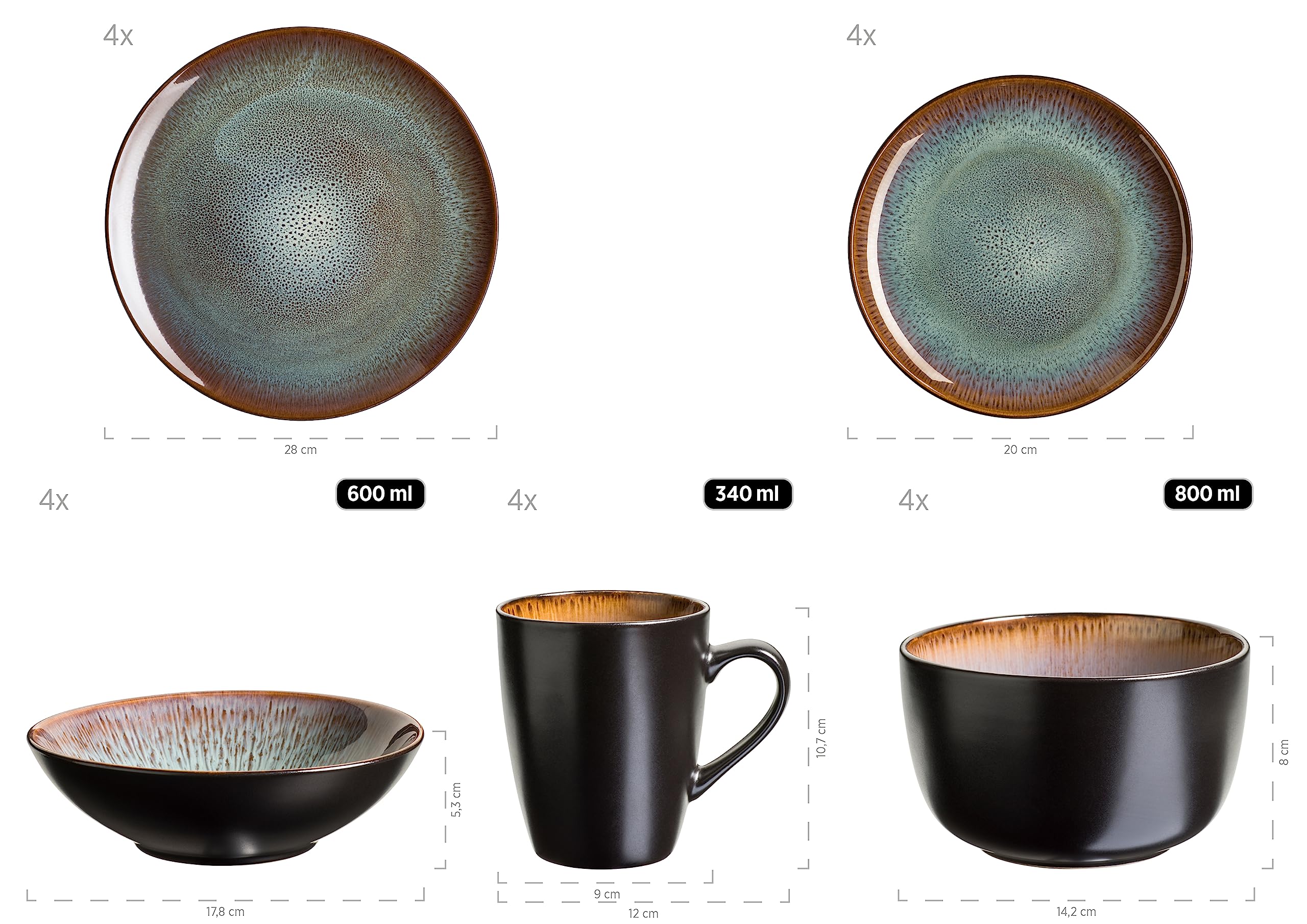 MÄSER 935133 Serie Teona, 4-delige set koffiemokken met groen-bruin reactief glazuur, 4 grote koffiekopjes van keramiek in moderne discrete coupe-vorm, aardewerk MÄSER 935133 Serie Teona, 4-delige set koffiemokken met groen-bruin reactief glazuur, 4 grote koffiekopjes van keramiek in moderne discrete coupe-vorm, aardewerk