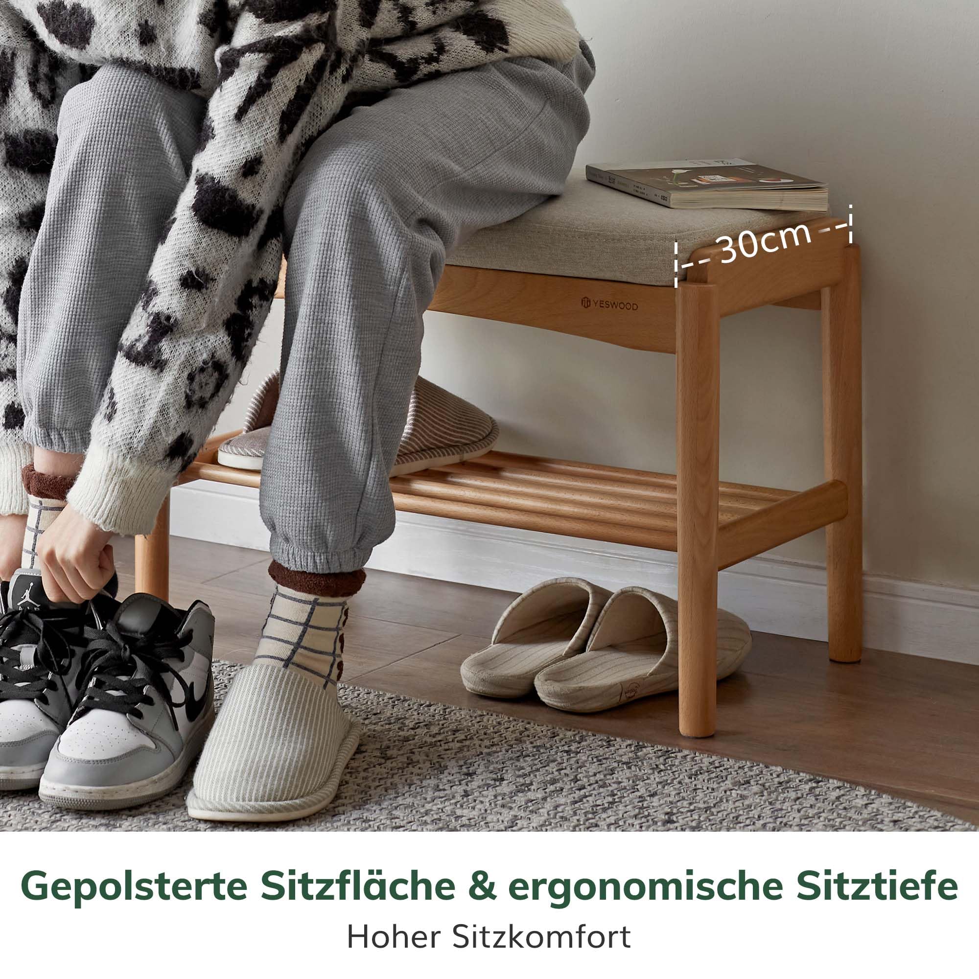 YESWOOD Schuhbank mit Sitzpolster Massivholz Buche, Sitzbank für Flur mit Schuhablage, Gepolsterte Bank mit Offenem Regal, Holz Bank für Eingangsbereich Schlafzimmer, Natur