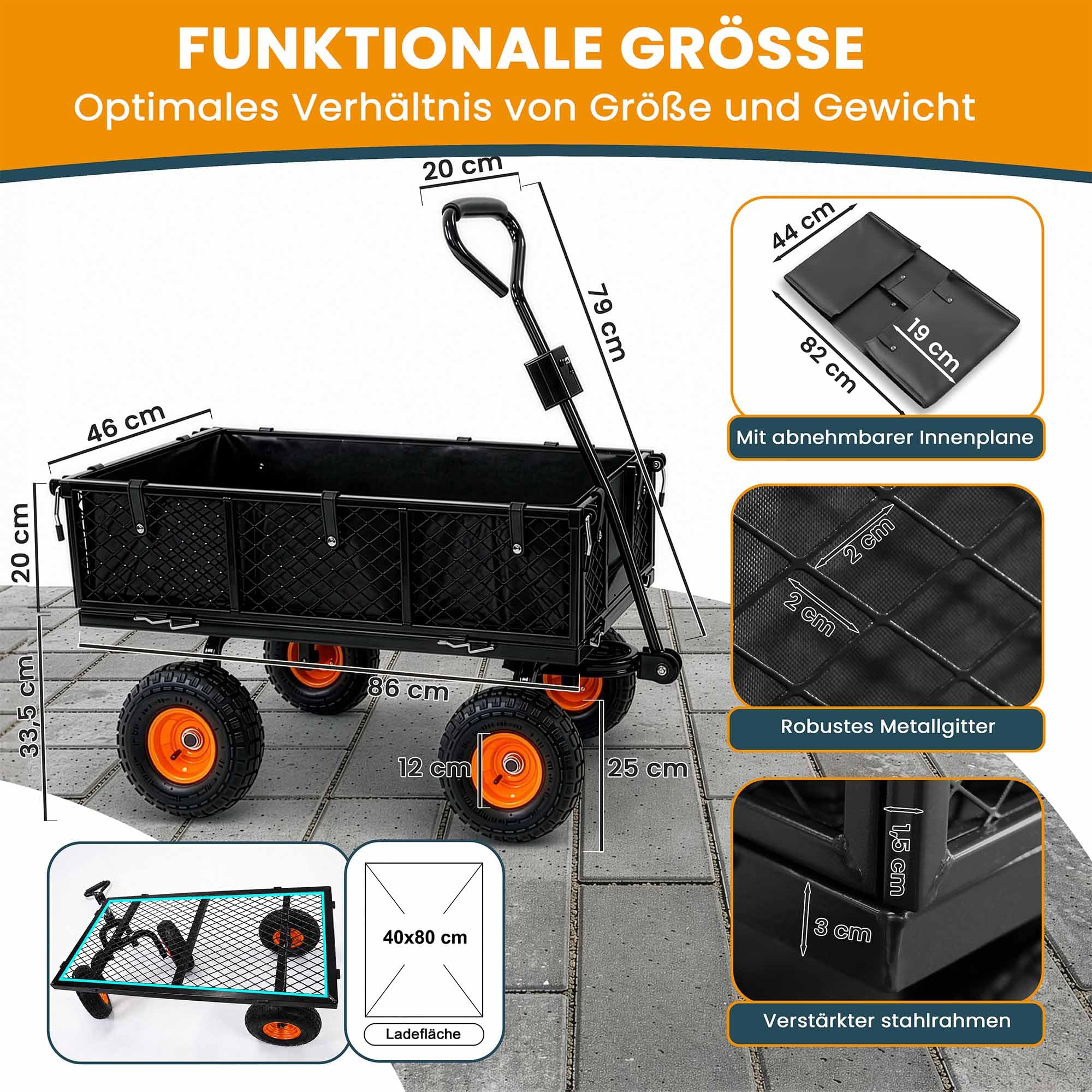 DreamRoots Gartenwagen Bollerwagen, 400 kg, 70 L, faltbar, Klein Schwarz | Transportwagen, Handwagen, 4 Luftreifen, abnehmbare Mesh-Seitenwände, Anhänger für Rasentraktoren