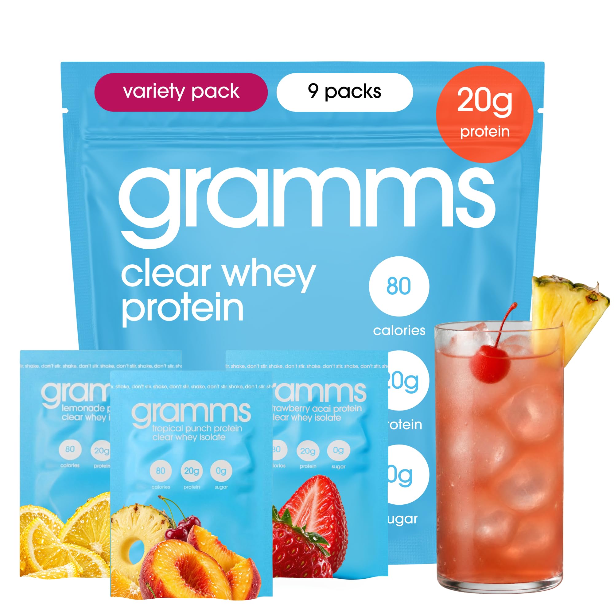 GRAMMS Clear Protein Packets | 20G Protein | Sample Packets Variety Flavors | 9 Servings | Individual Packets for Travel | 3rd Party Tested for Purity, Grass Fed European Whey, No Sucralose