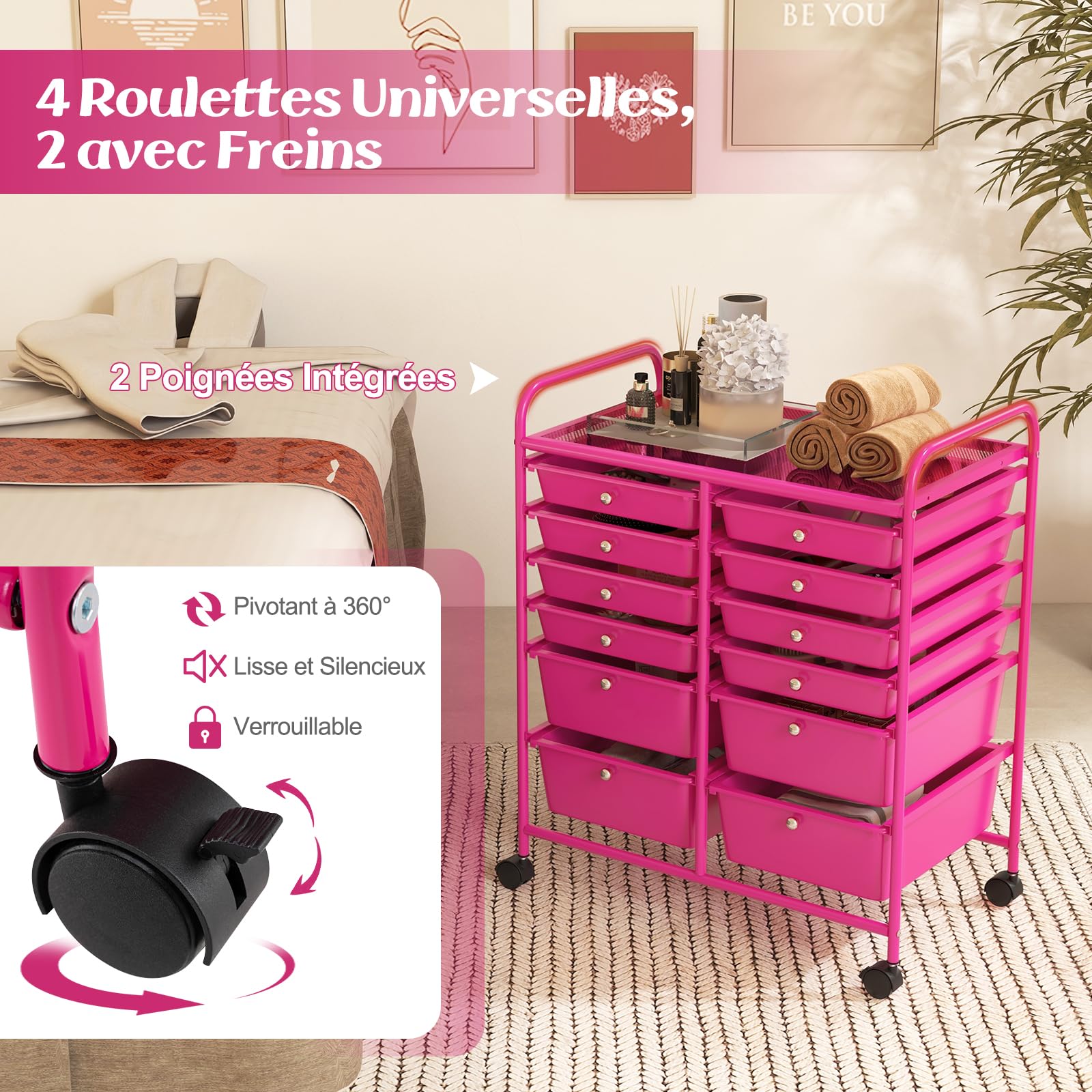 GOPLUS Chariot de Rangement 12 Tiroirs, Tour de Rangement à roulettes, Cadre en Acier, pour Chambre, Bureau, 64 x 38 x 75 CM (Rose) (Rose)