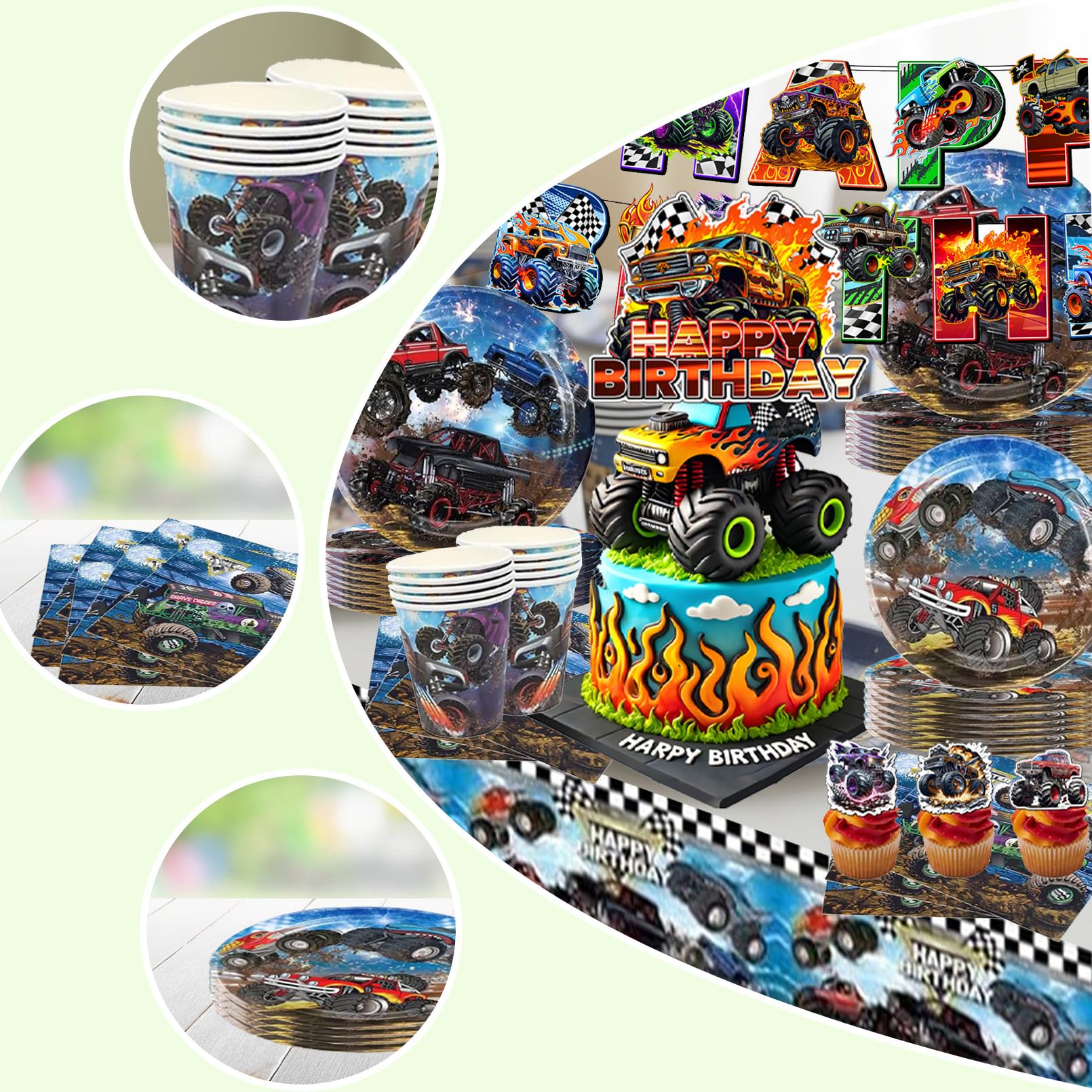 88 Pezzi Monster Truk Stoviglie per Feste di Compleanno，Addobbi Compleanno Cars，Cars Tovaglioli, Monster Truk Tovaglia, Piatti di Carta，Adatto a 10 persone