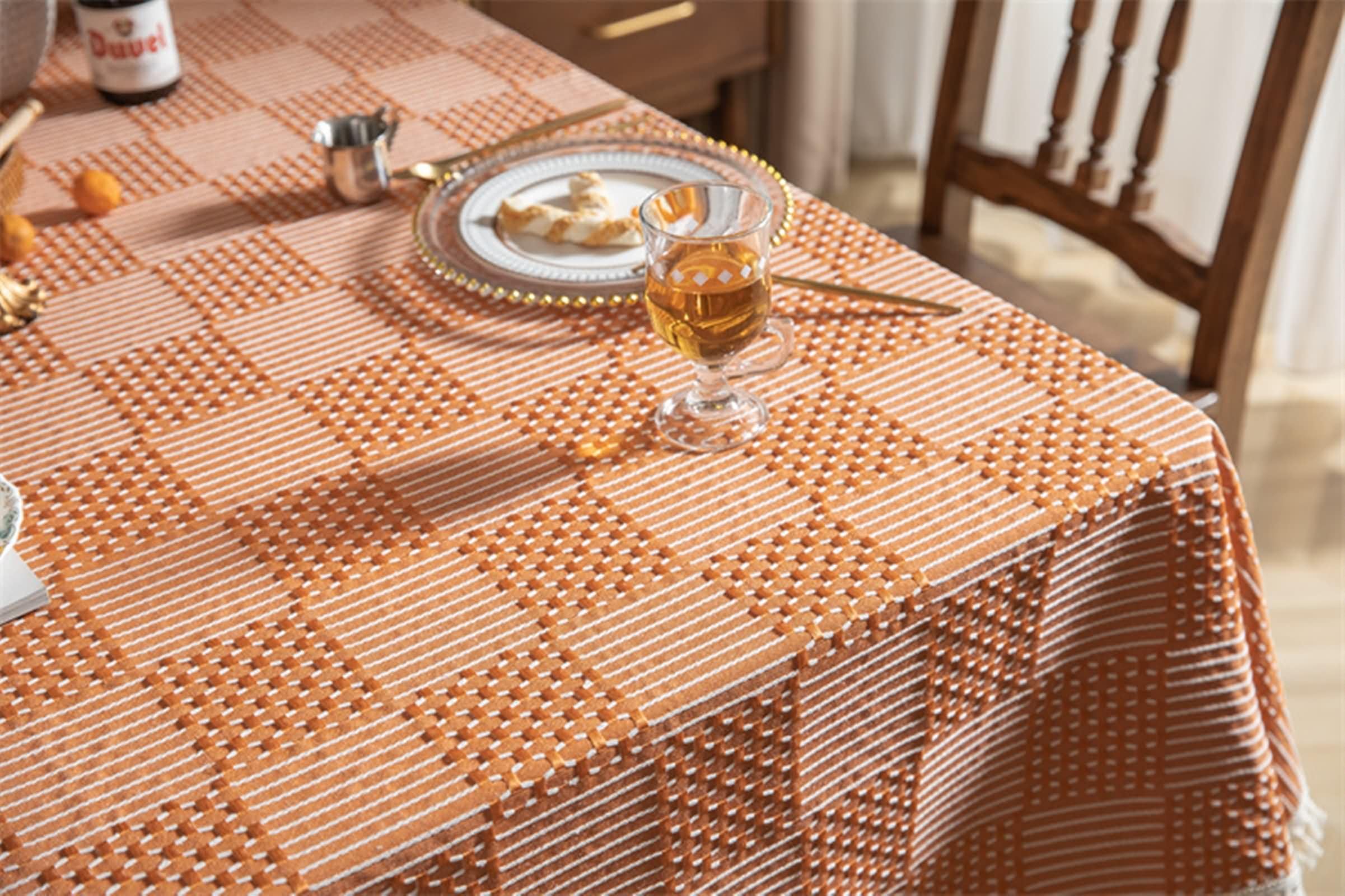 Mantel Lavable Rectangular Naranja Exterior, Bordado de Geométrico con Borlas, de Poliéster Fácil de Limpiar, 140 x 300 cm, Mantel para Mesa de Centro
