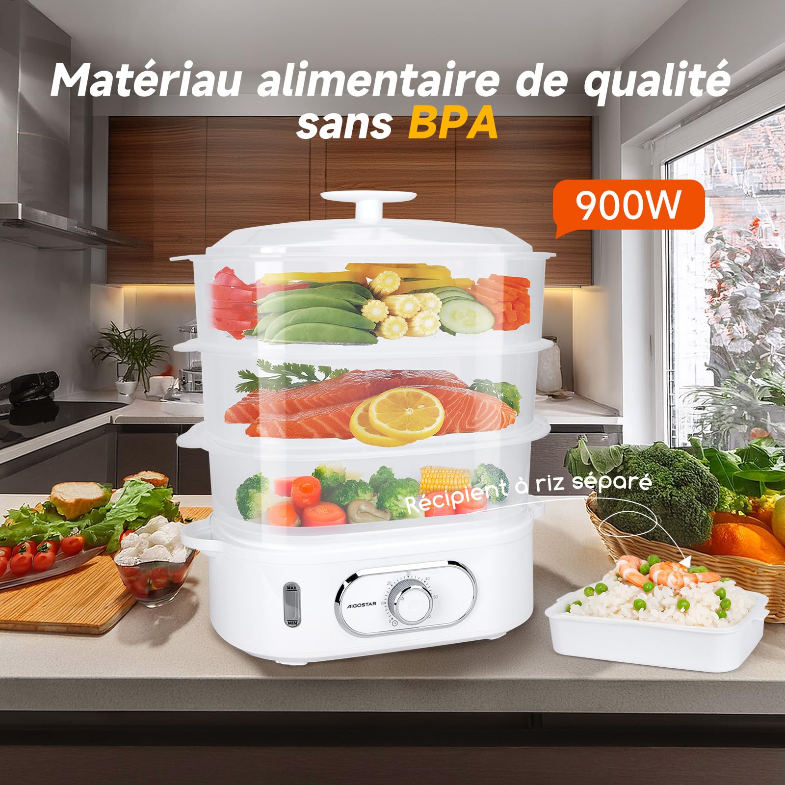 Aigostar Cuiseur Vapeur Electrique 12L, Cuiseur Vapeur Avec 3 Récipients Empilables, Support Pour Cuire les œufs, Minuterie de 60 Minutes, Récipient Pour Cuire le riz, Sans BPA, 900 W