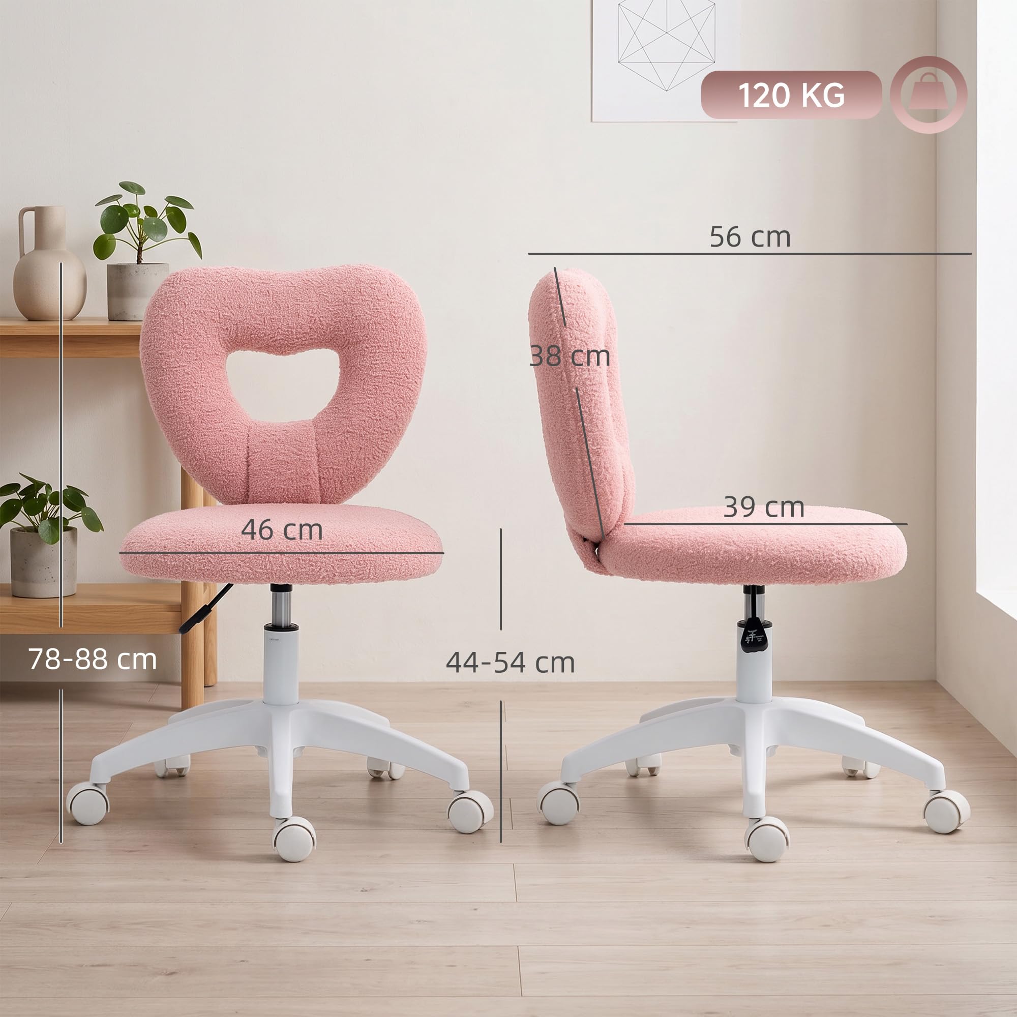HOMCOM Chaise de Bureau sans accoudoirs, réglable en Hauteur, Rose