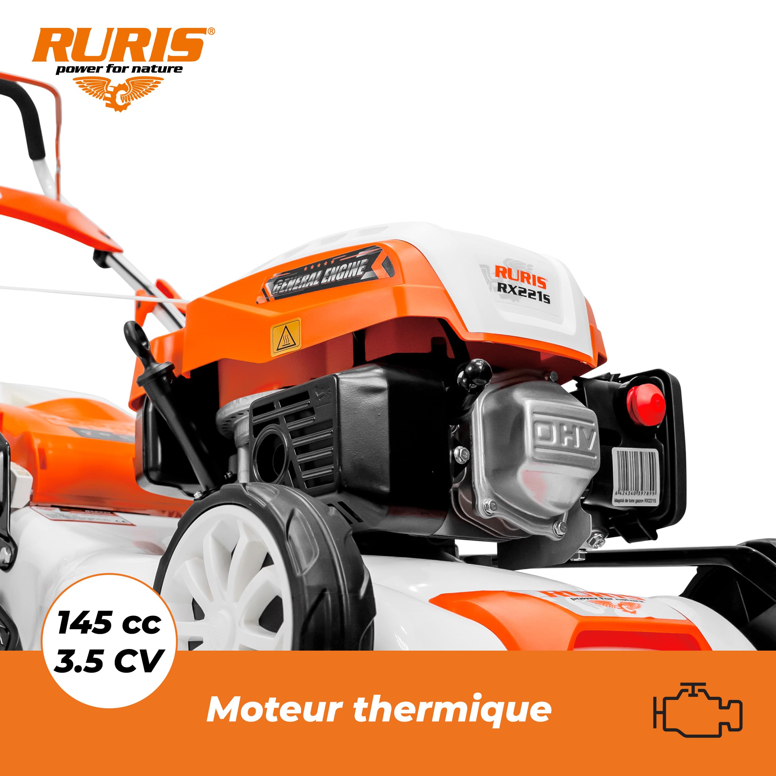 RURIS - Cortacésped térmico RX221S, 3,5 CV, 42 cm, Bolsa 45L, 3 en 1: Recogida, eyección Trasera, Mulching, chasis de Acero, Altura de Corte 25-75 mm, Naranja