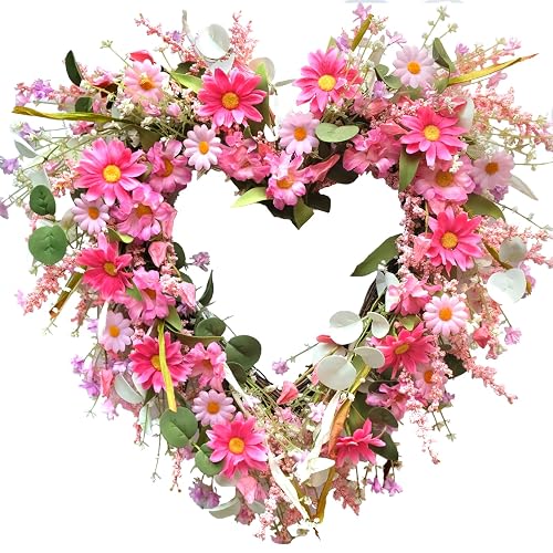 TEMPUS 18 InchHeart Shaped Wreath for Spring - Pink Daisy