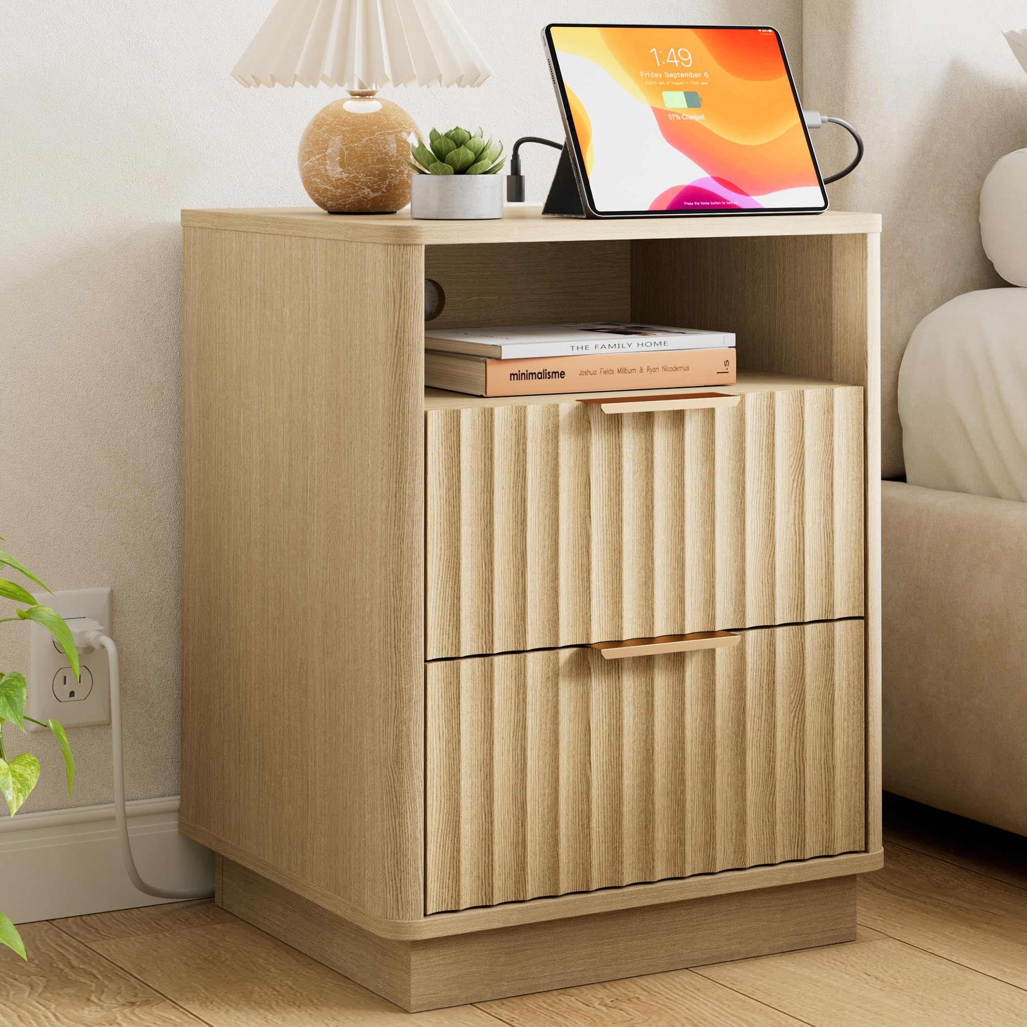 FavourLife Fluted Nightstand, Modern Night Stand, 2 Drawers Nightstand with Charging Station, Wooden End Table w/Storage, Bedside Table for Bedroom