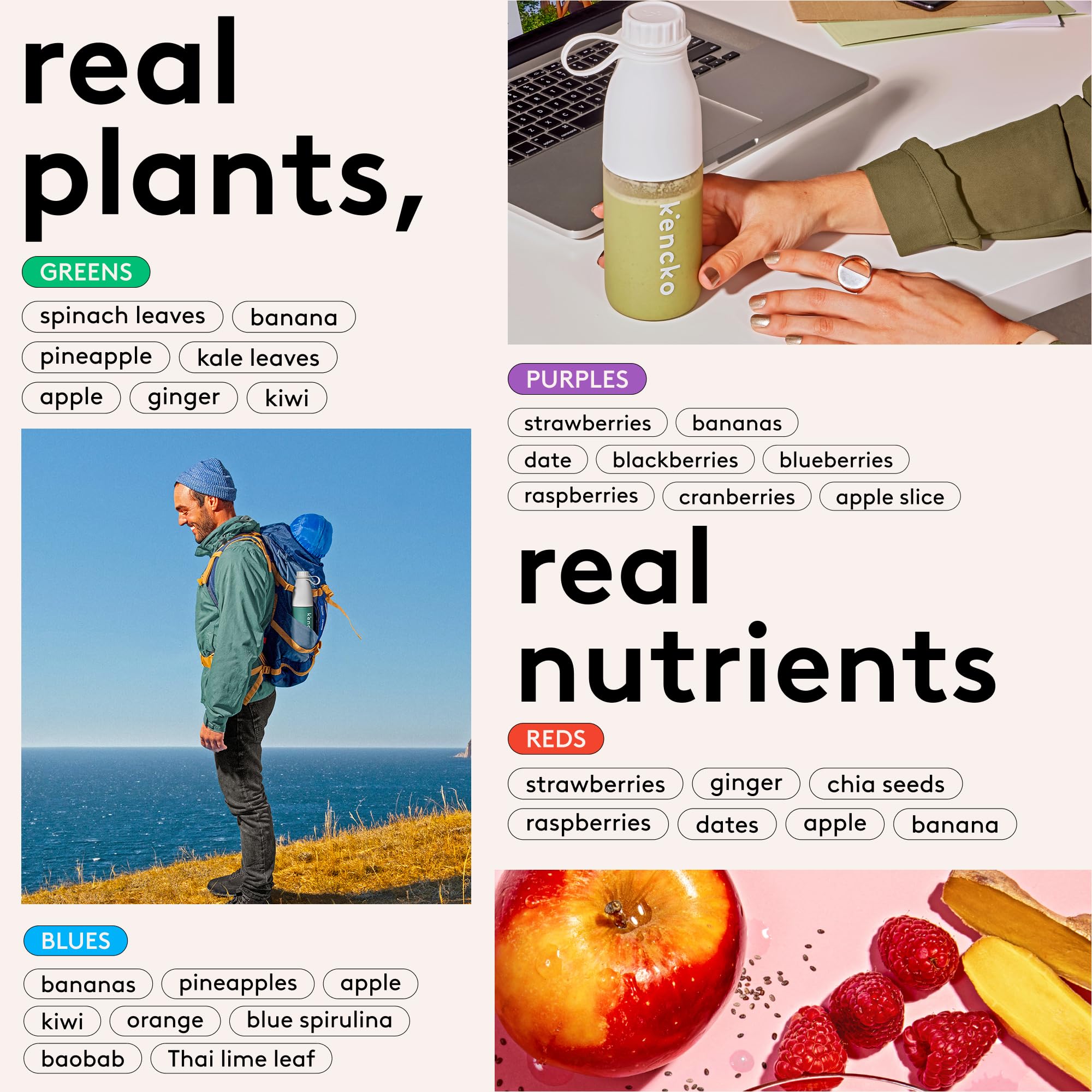 Kencko kit smoothie instantané en poudre | mélange superfood fruits & légumes lyophilisés | boisson vegan, sans produits laitiers, sans sucre ajouté | 16 sachets, 4 saveurs