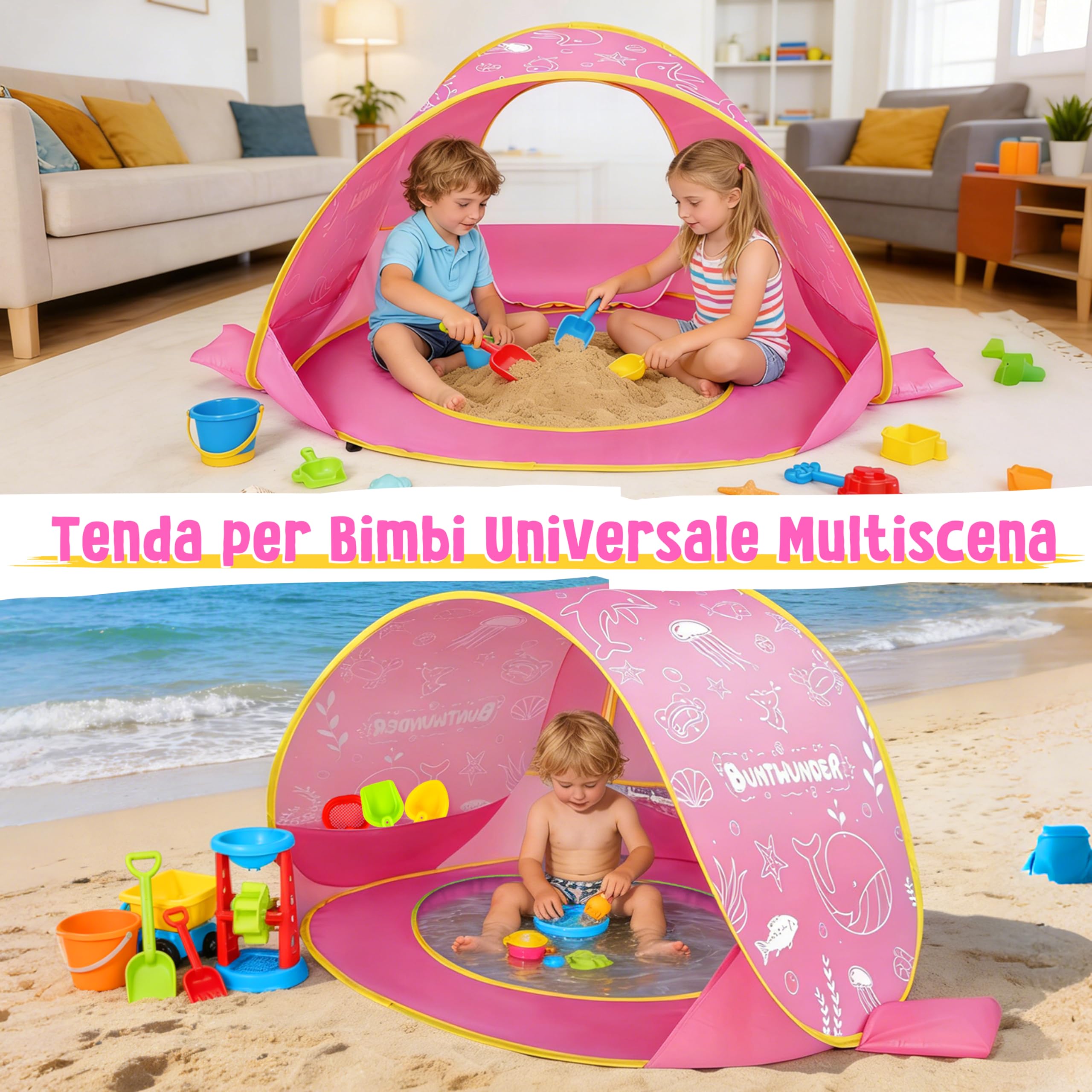 Tenda da Spiaggia Bambini Pop-Up con Mini Piscina, Protezione Solare UPF 50+, Portatile (Rosa)