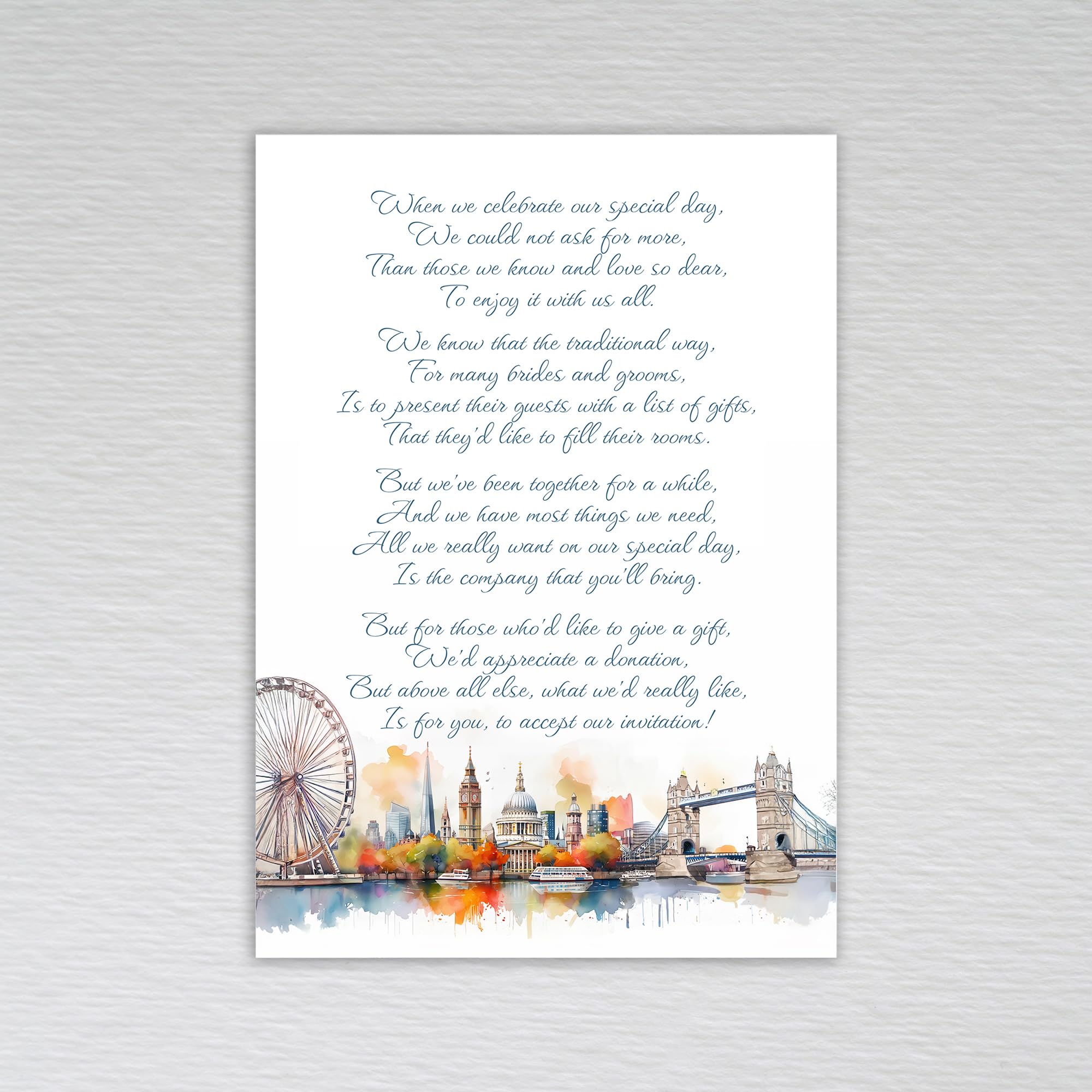 London Themed Wedding Money Poem Cards Asking for Monetary Gift: British City Themed featuring the Iconic London Skyline: Wedding Money Poem (Pack of 50 without Envelopes)
