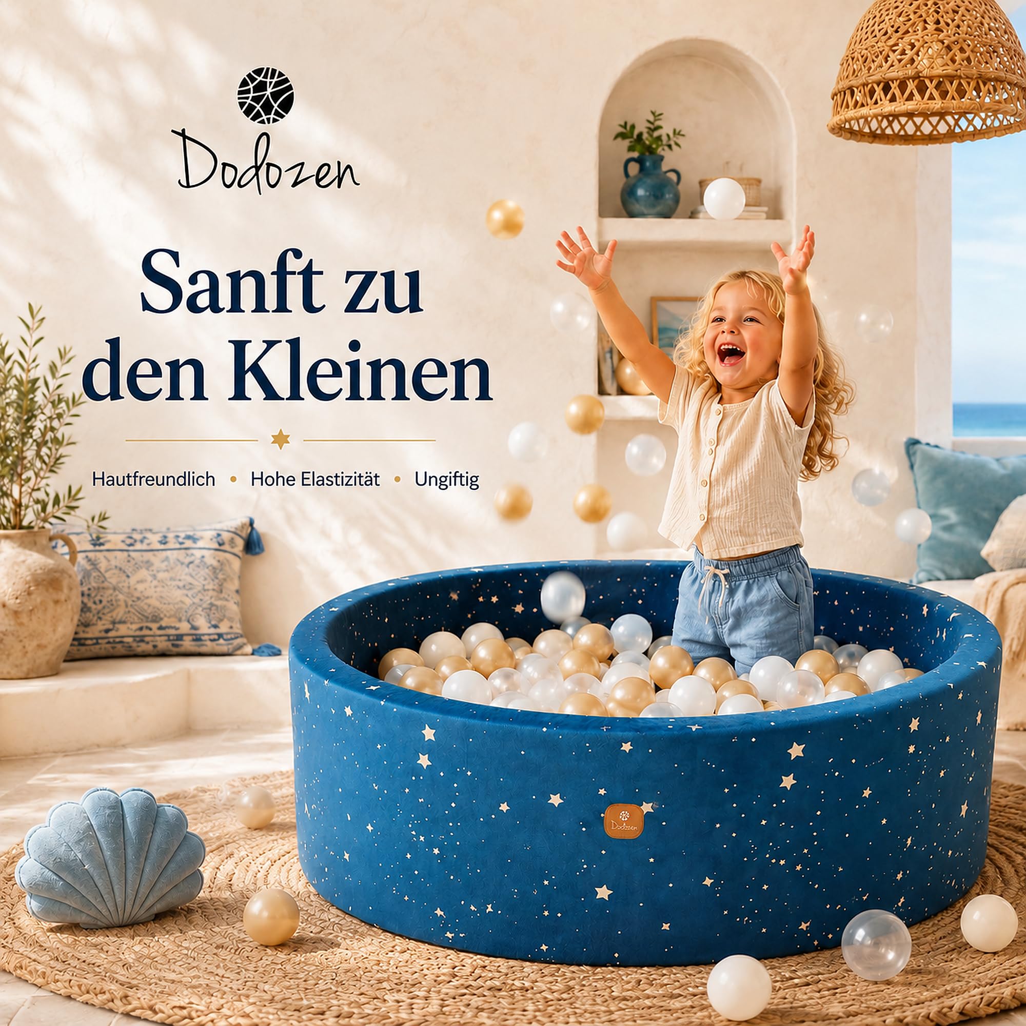 Bällebad 90X30cm/200 Bälle ∅ 7Cm Bällepool Für Babys Kinder Rund,Superweicher Samt,Abnehmbar und waschbar,Nachthimmel:Weiß/Transparent/Gold