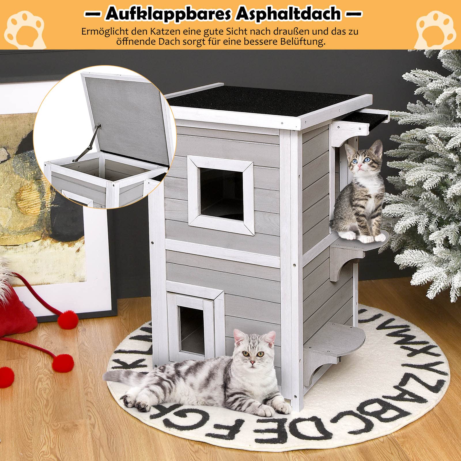 Katzenhaus Aus Rattan 2-stöckig - Outdoor Haustierhütte Mit Kissens Für Garten