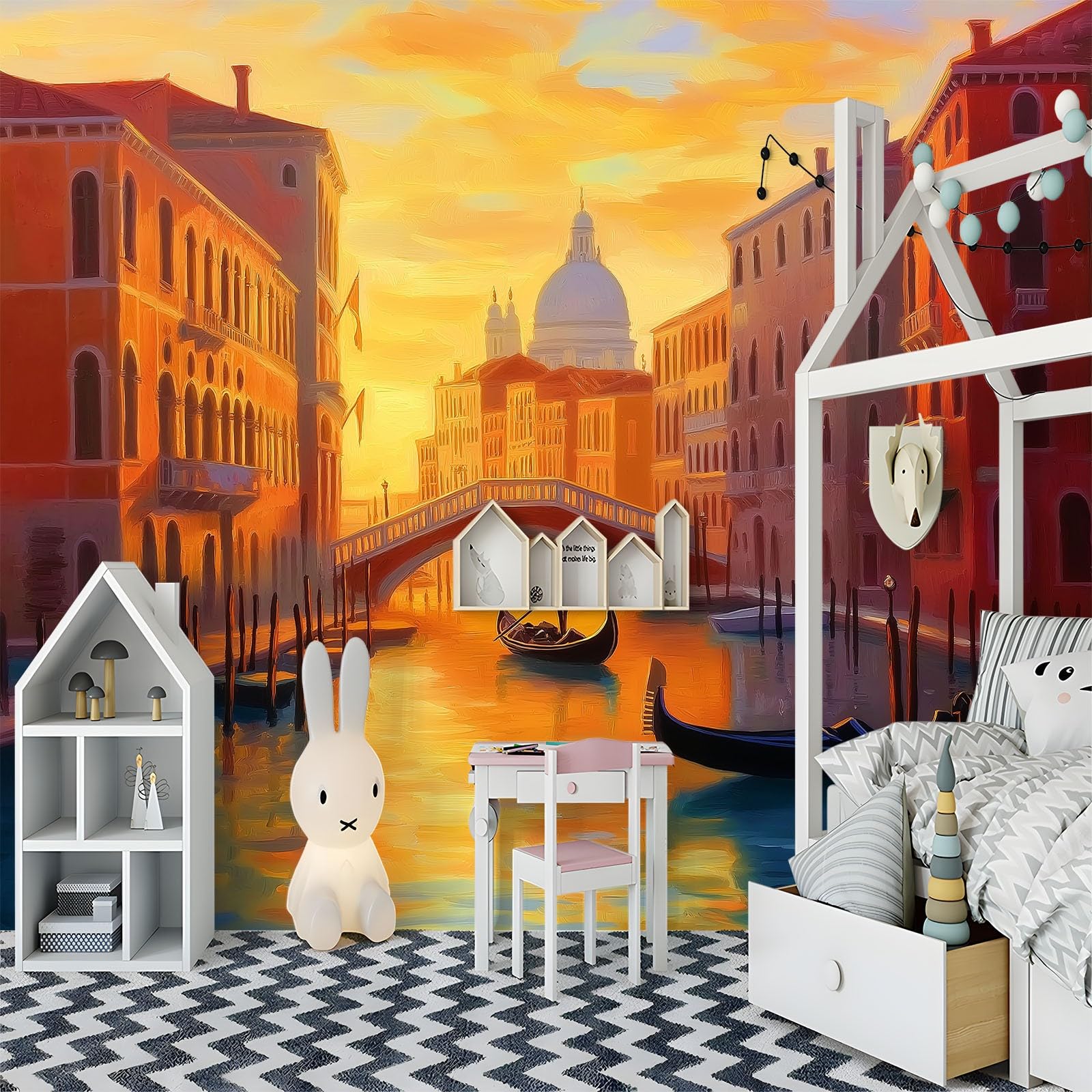 Panoramiczna tapeta 200 x 140 cm Architektura Miejska Kanał Zachodu Słońca Włóknina XXL Mural Dekoracja ścienna Gobelin Fototapeta Salon Sypialnia - Tapeta Trompe l'eil Efekt 3D, kolor pomarańczowy