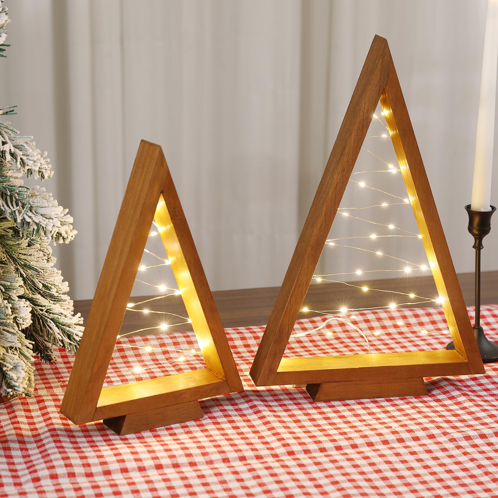 Christmas Decorations-2PCS Light Up Wooden Christmas Tree- Handmade Tabletop Christmas Tree with Light for Farmhouse Home Kitchen Table Mantle Shelf Party Decor