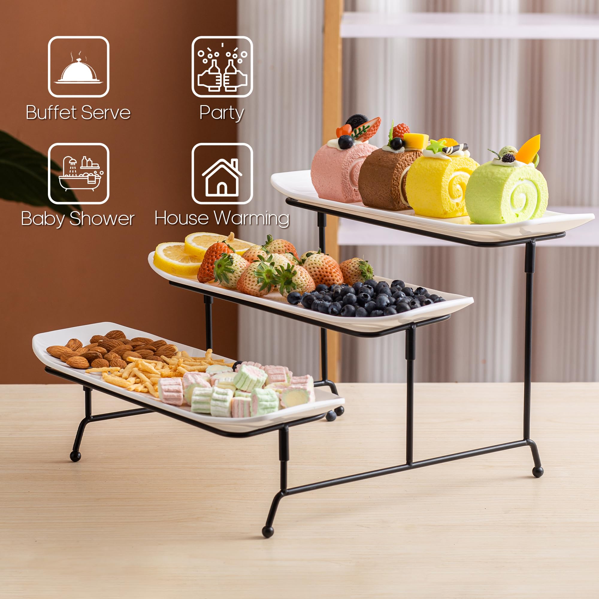 Bandeja irrompible de 3 niveles para fiesta, platos de melamina de 13 x 4.9 pulgadas para servir alimentos, bandejas blancas escalonadas con soporte de exhibición de metal negro para verduras, frutas, 6