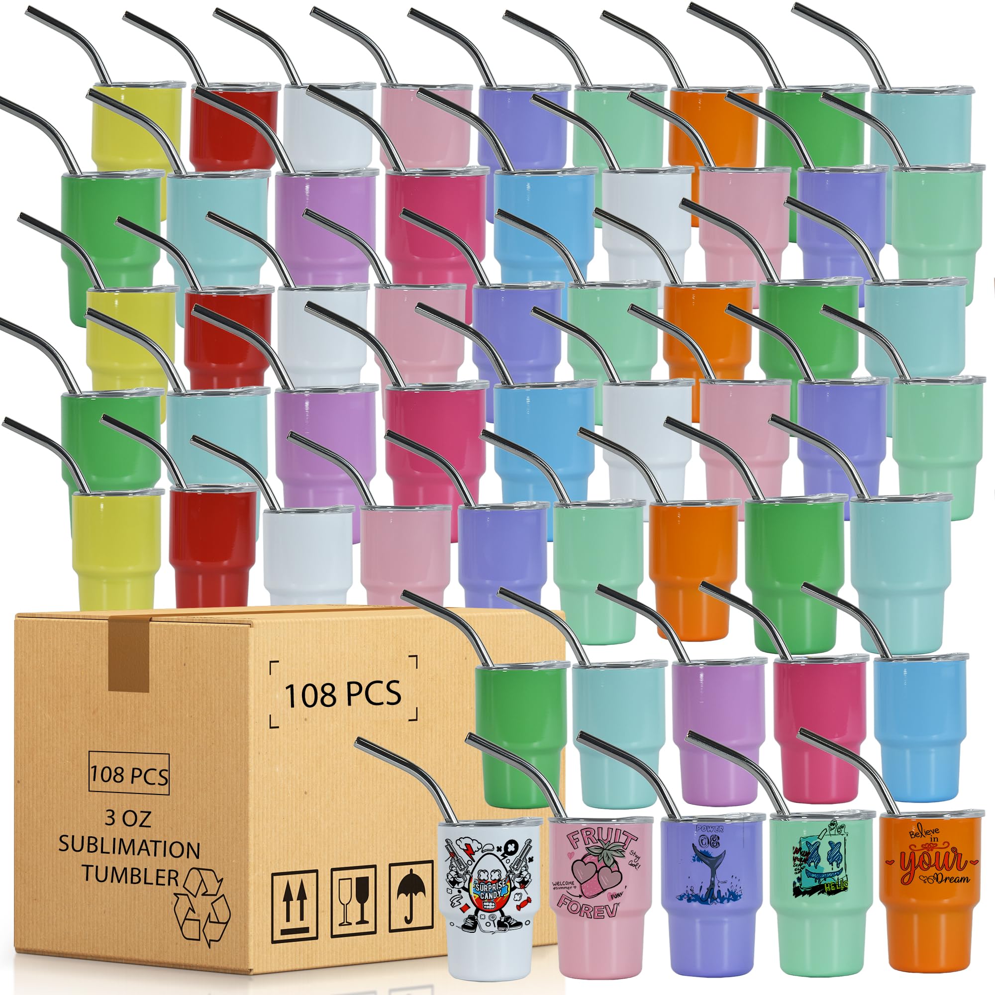 AGH 3OZ 108 Pack Mini Tumblers Shot Glass Cups with Straw and Lid,Stainless Steel Sublimation Mini Shot Glass Tumblers for Whiskey Coffee,12 Colored