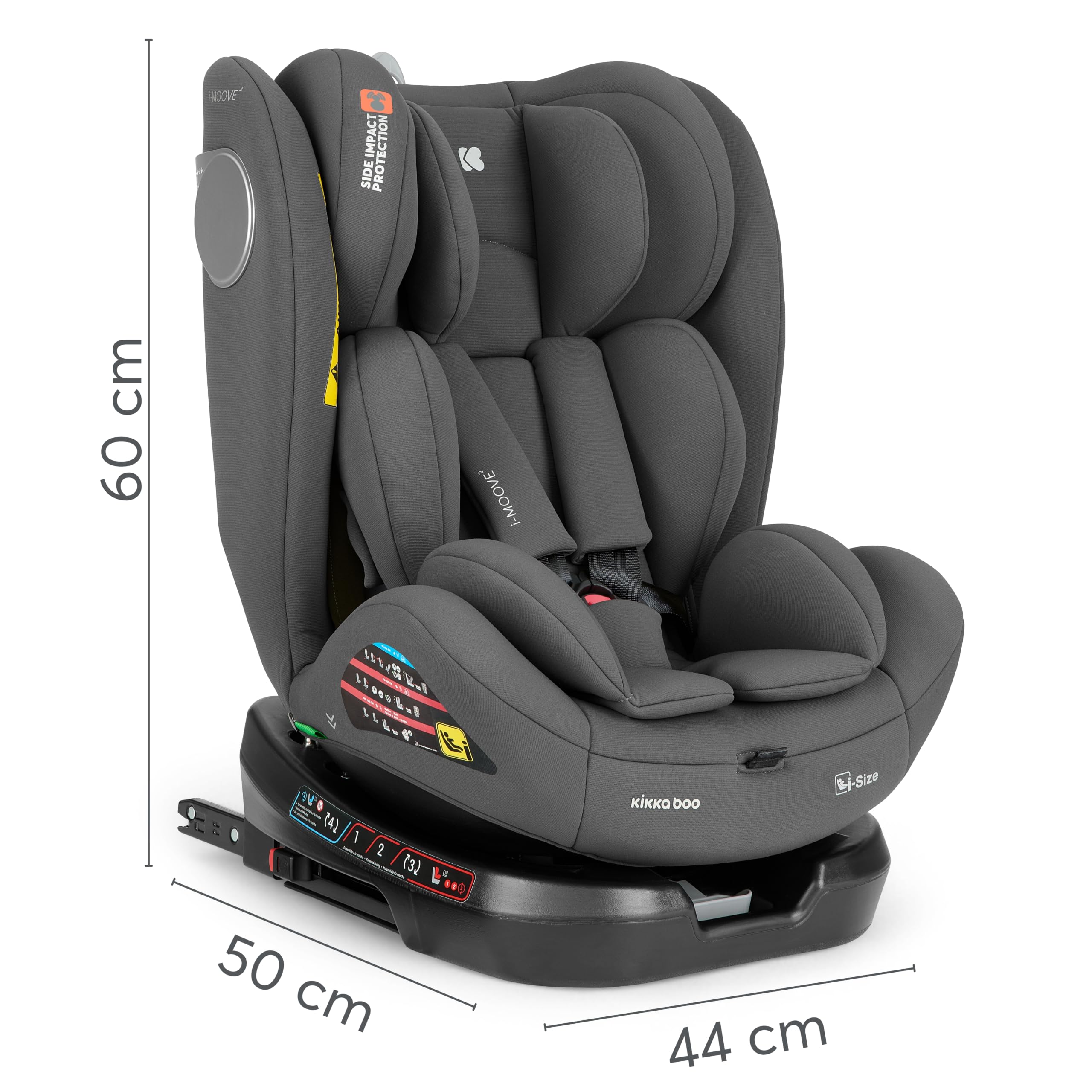 KikkaBoo Kindersitz 9-36 kg mit ISOFIX & 360° Drehung i-MOOVE 2, i-SIZE, 40-150 cm Reboarder, Rückwärts/Vorwärtsgerichtet, Verstellbare Kopfstütze, Liegefunktion, Dunkelgrau